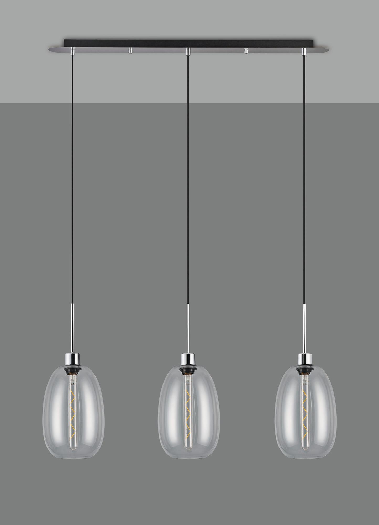 Lori Linear Pendant, 3 Light Adjustable E27, Polished Chrome/Clear Slim Curved Trapezium Shades