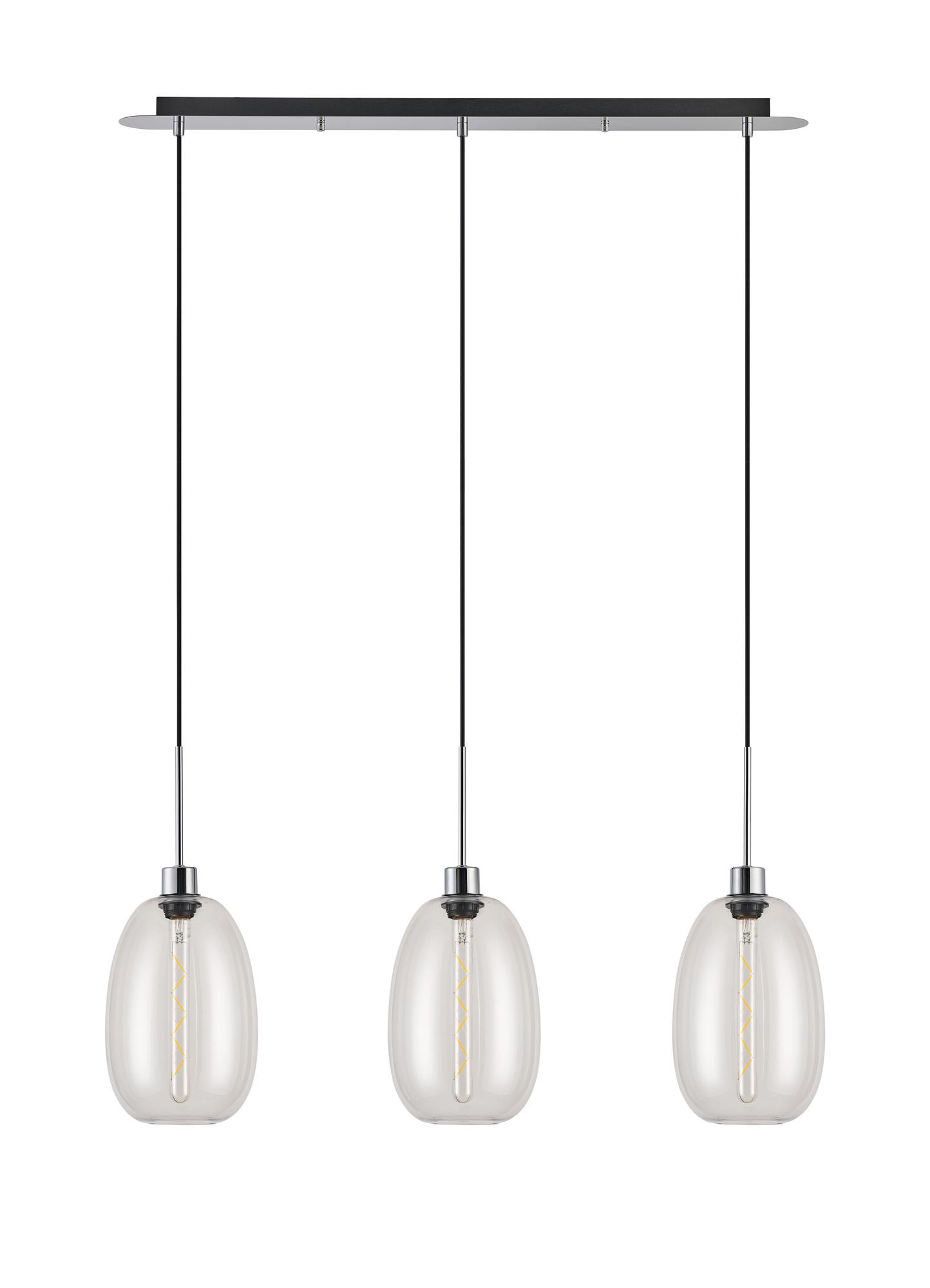 Lori Linear Pendant, 3 Light Adjustable E27, Polished Chrome/Clear Slim Curved Trapezium Shades