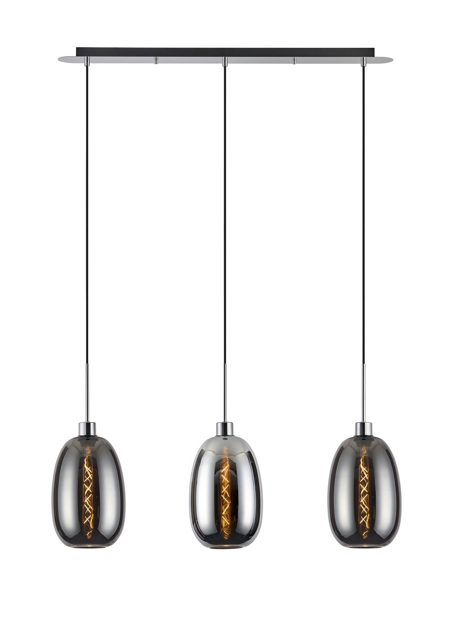 Lori Linear Pendant, 3 Light Adjustable E27, Polished Chrome/Chrome/Smoke Slim Curved Trapezium Shades