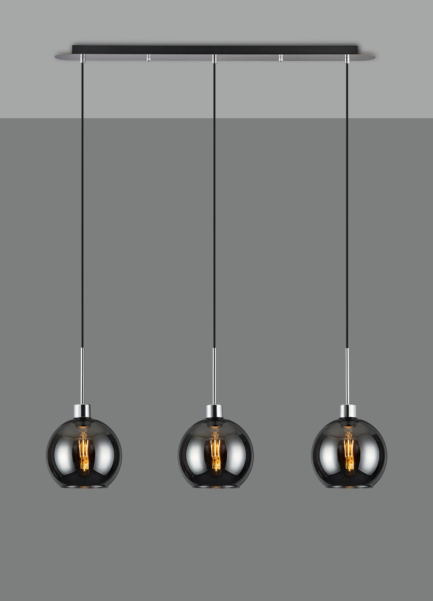 Lori Linear Pendant, 3 Light Adjustable E27, Polished Chrome/Chrome Open Mouth Round Globe Shades