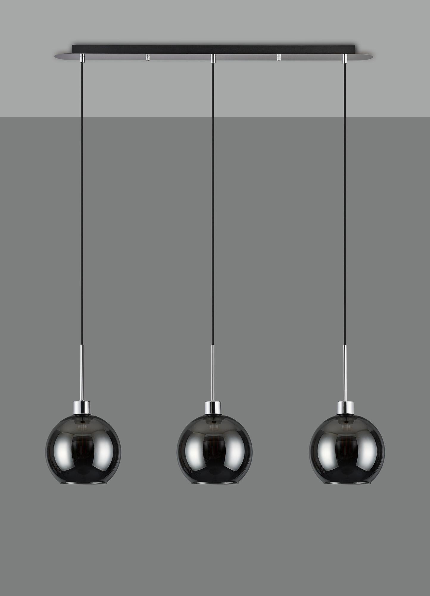 Lori Linear Pendant, 3 Light Adjustable E27, Polished Chrome/Chrome Open Mouth Round Globe Shades
