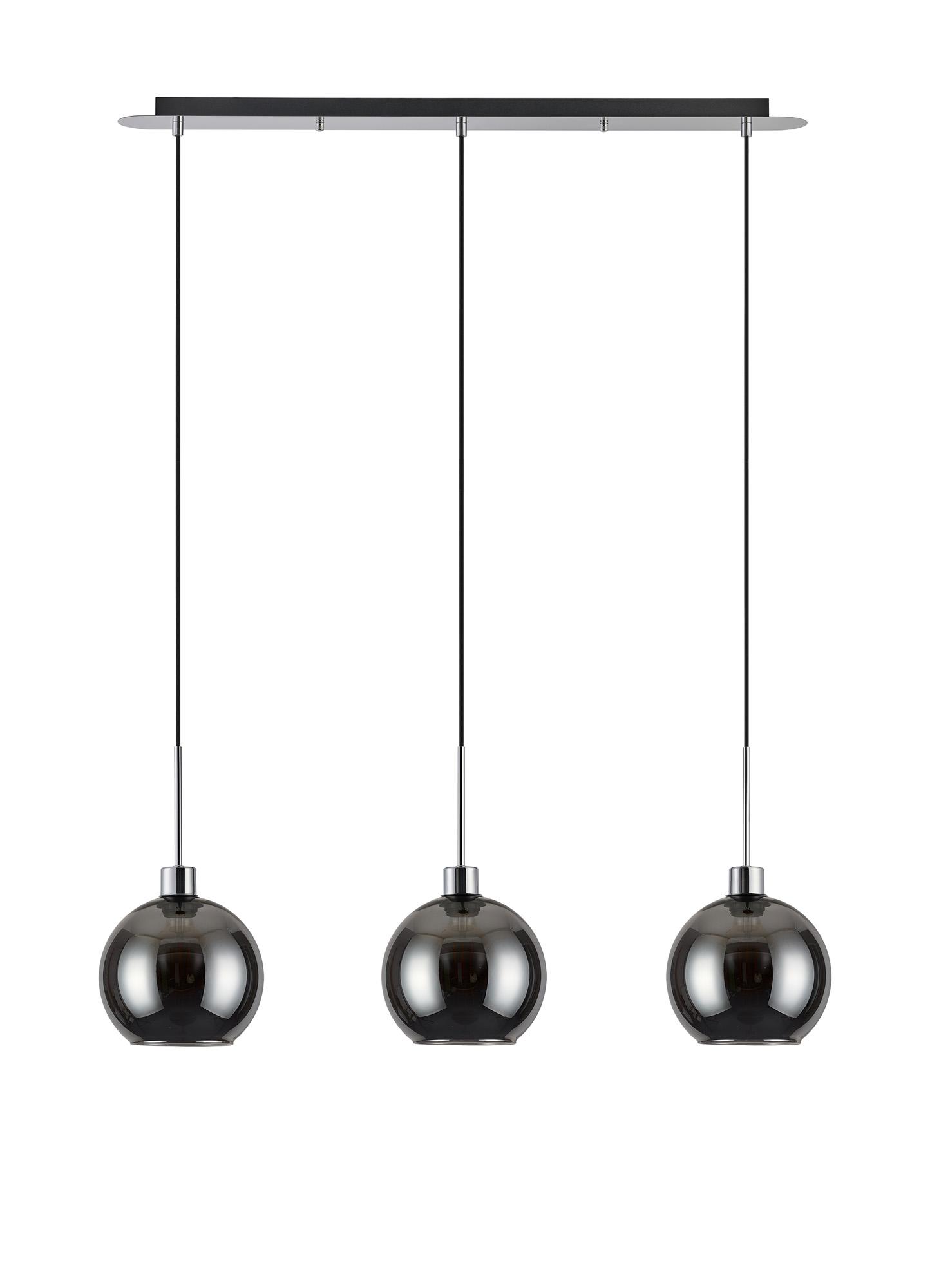 Lori Linear Pendant, 3 Light Adjustable E27, Polished Chrome/Chrome Open Mouth Round Globe Shades