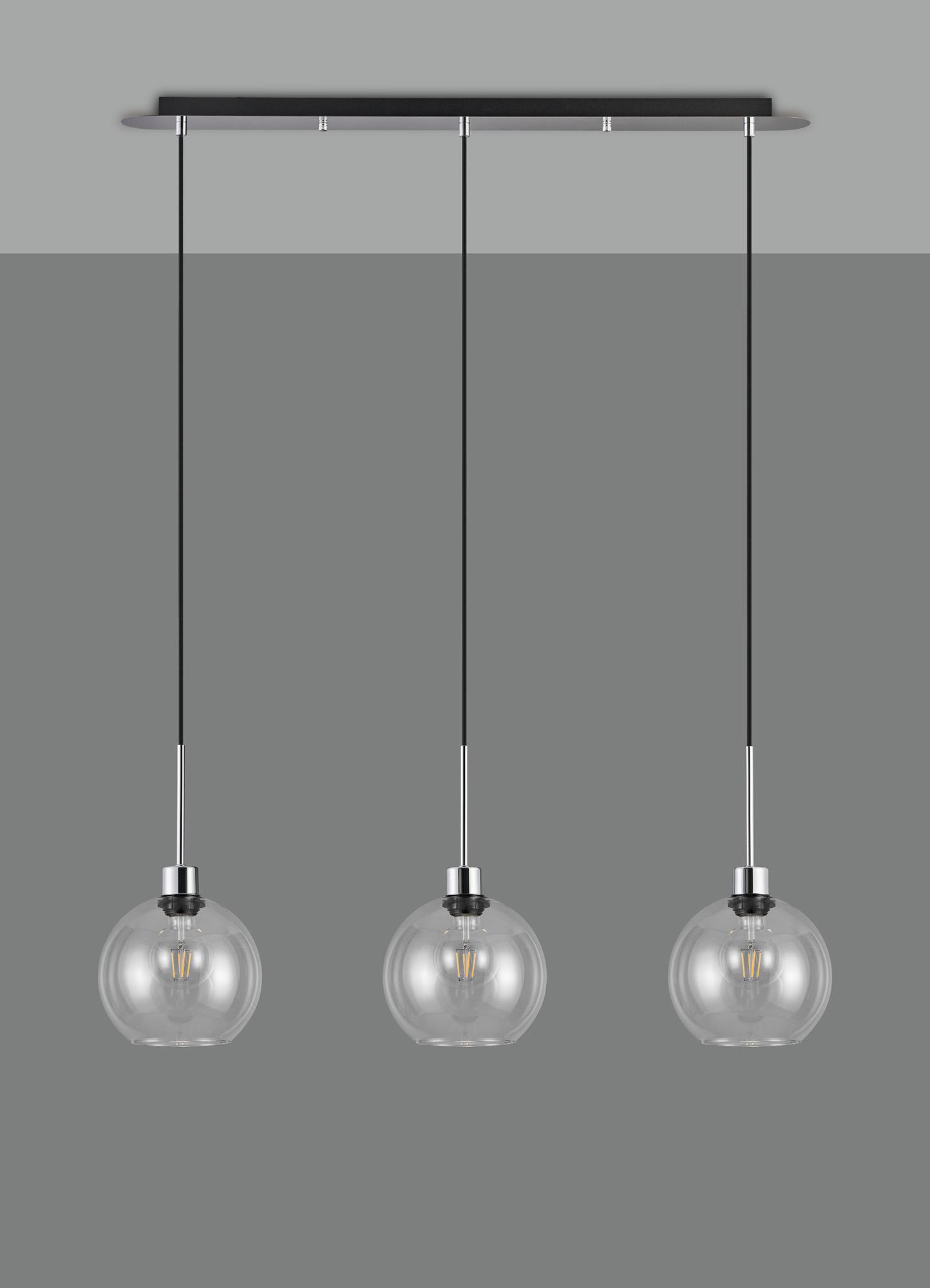 Lori Linear Pendant, 3 Light Adjustable E27, Polished Chrome/Clear Open Mouth Round Globe Shades