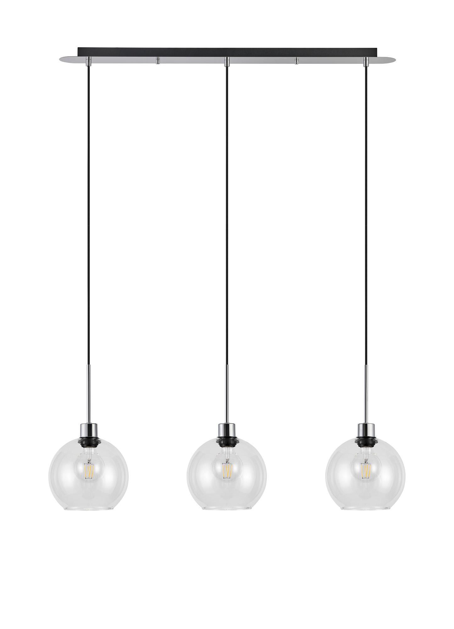Lori Linear Pendant, 3 Light Adjustable E27, Polished Chrome/Clear Open Mouth Round Globe Shades