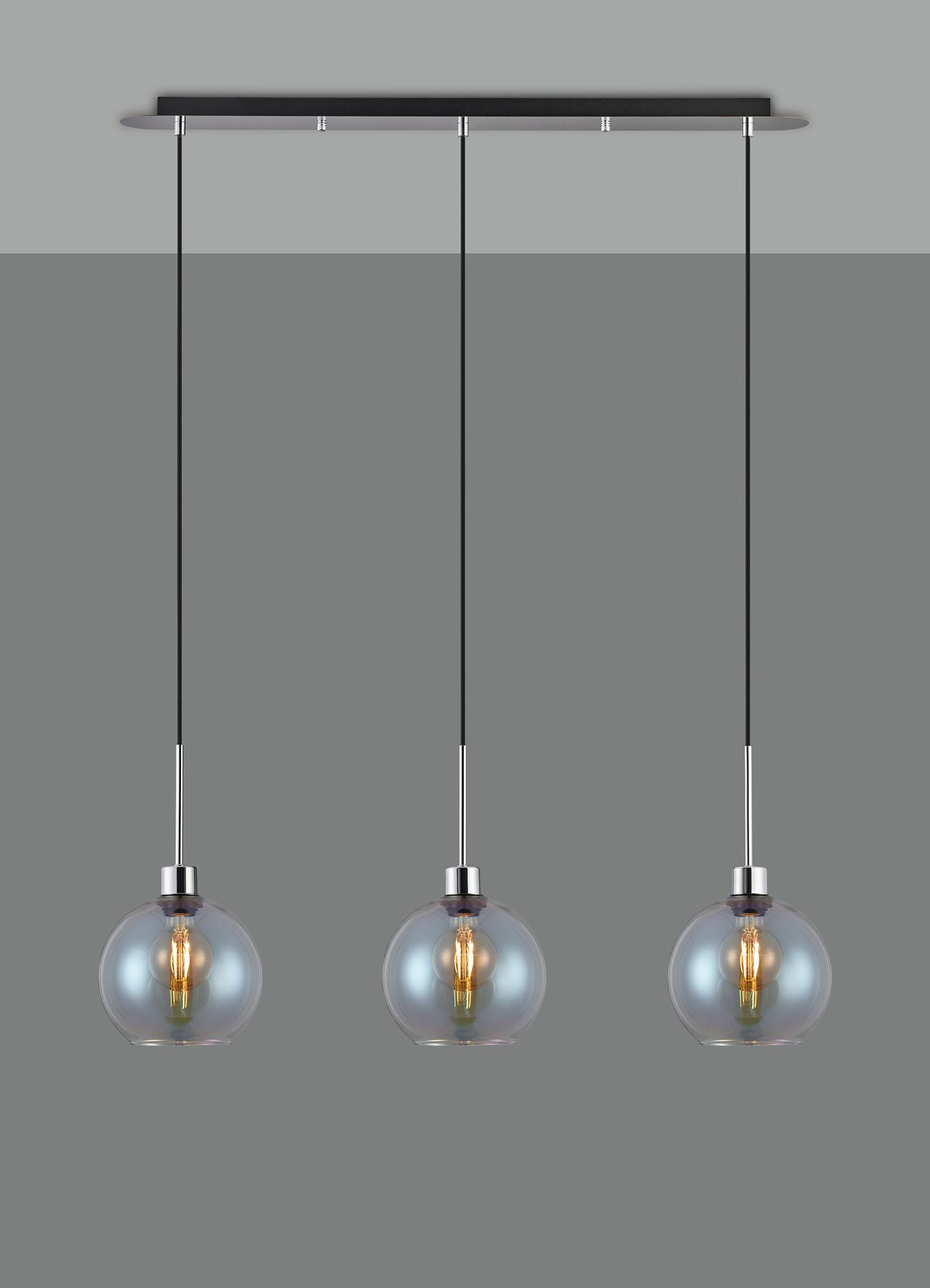 Lori Linear Pendant, 3 Light Adjustable E27, Polished Chrome/Iridescent Open Mouth Round Globe Shades