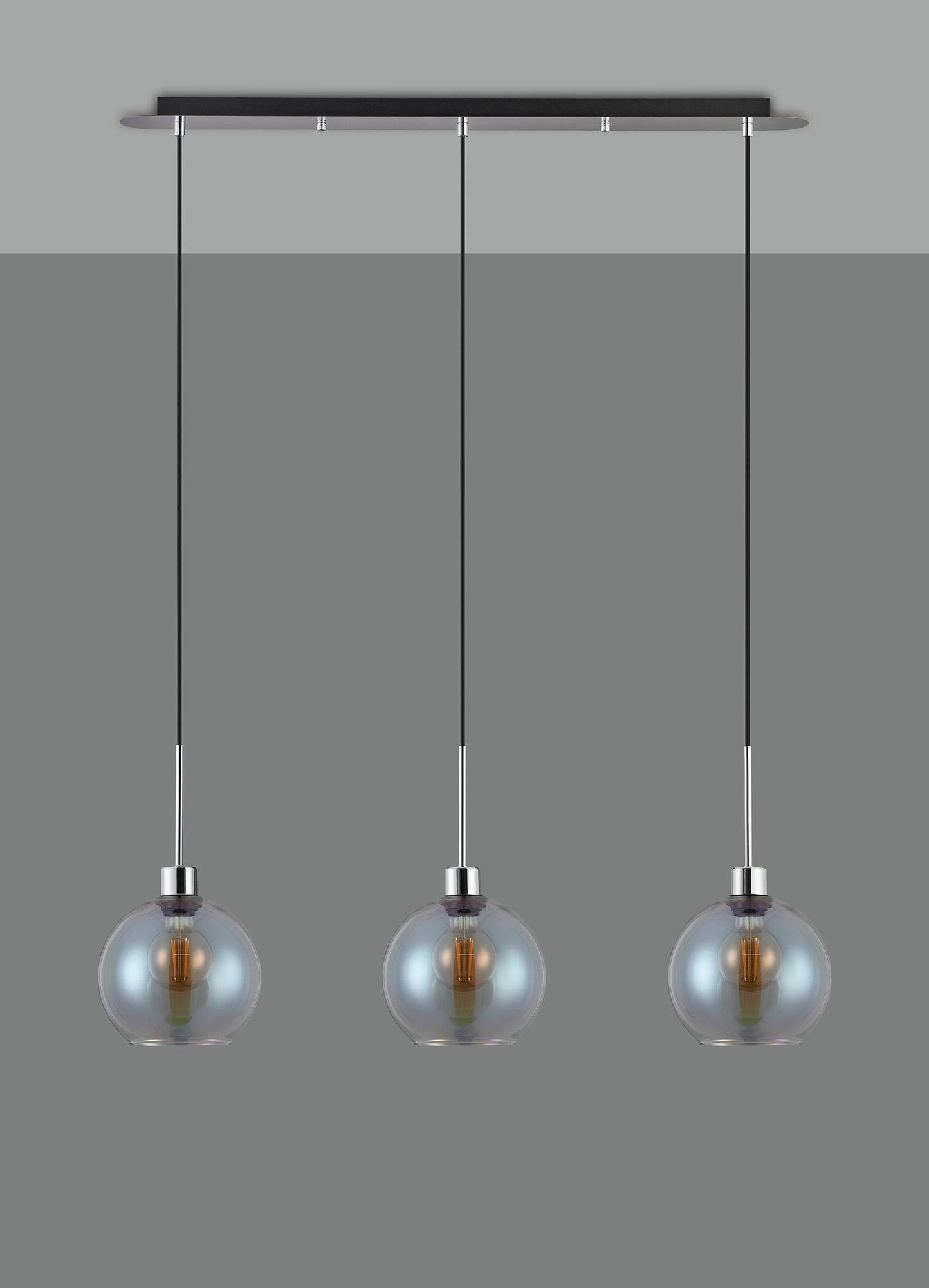 Lori Linear Pendant, 3 Light Adjustable E27, Polished Chrome/Iridescent Open Mouth Round Globe Shades