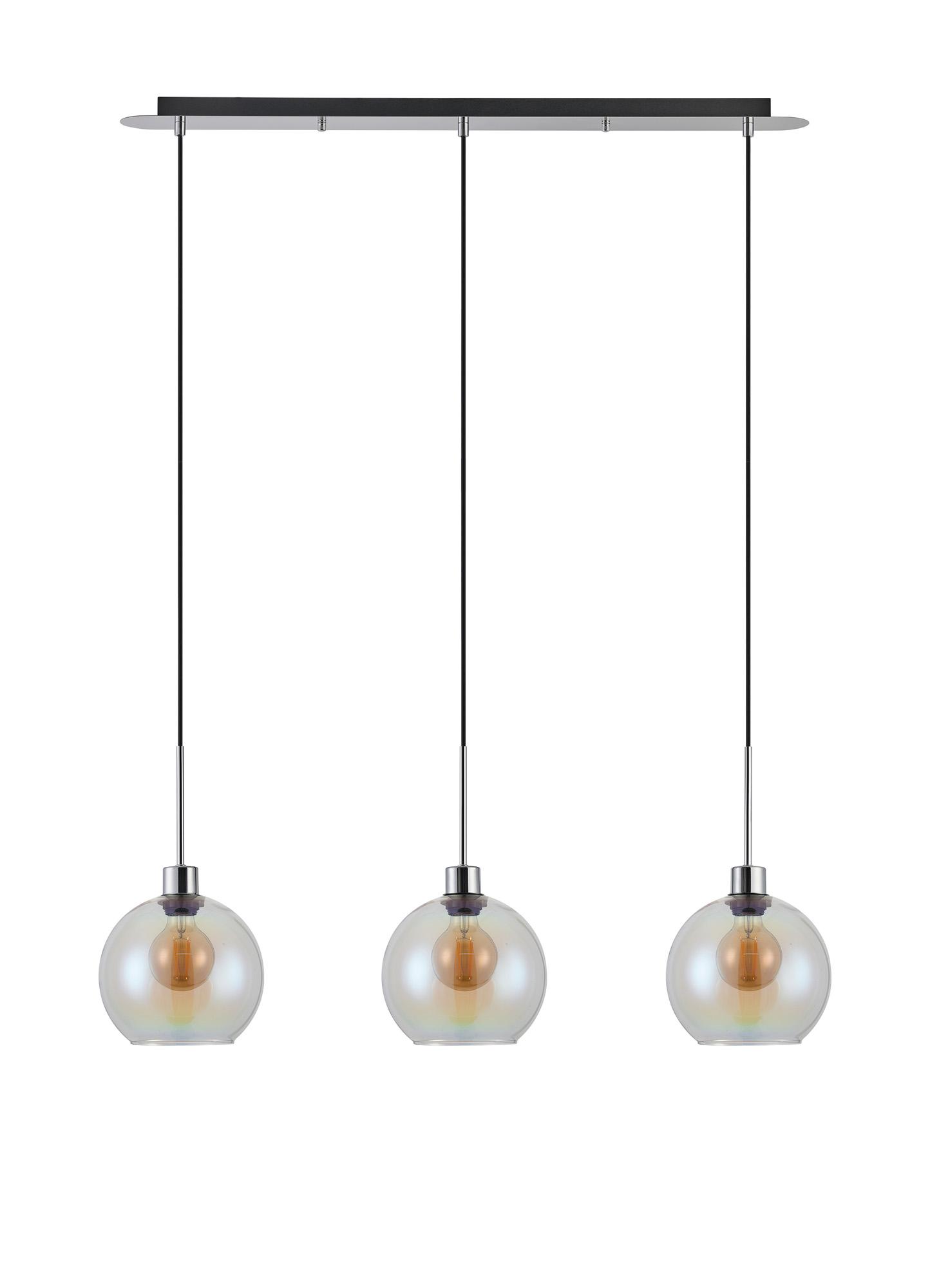 Lori Linear Pendant, 3 Light Adjustable E27, Polished Chrome/Iridescent Open Mouth Round Globe Shades
