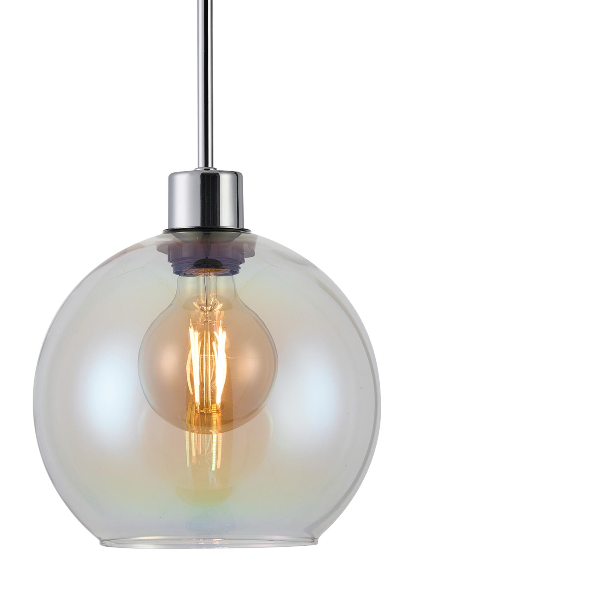 Lori Linear Pendant, 3 Light Adjustable E27, Polished Chrome/Iridescent Open Mouth Round Globe Shades