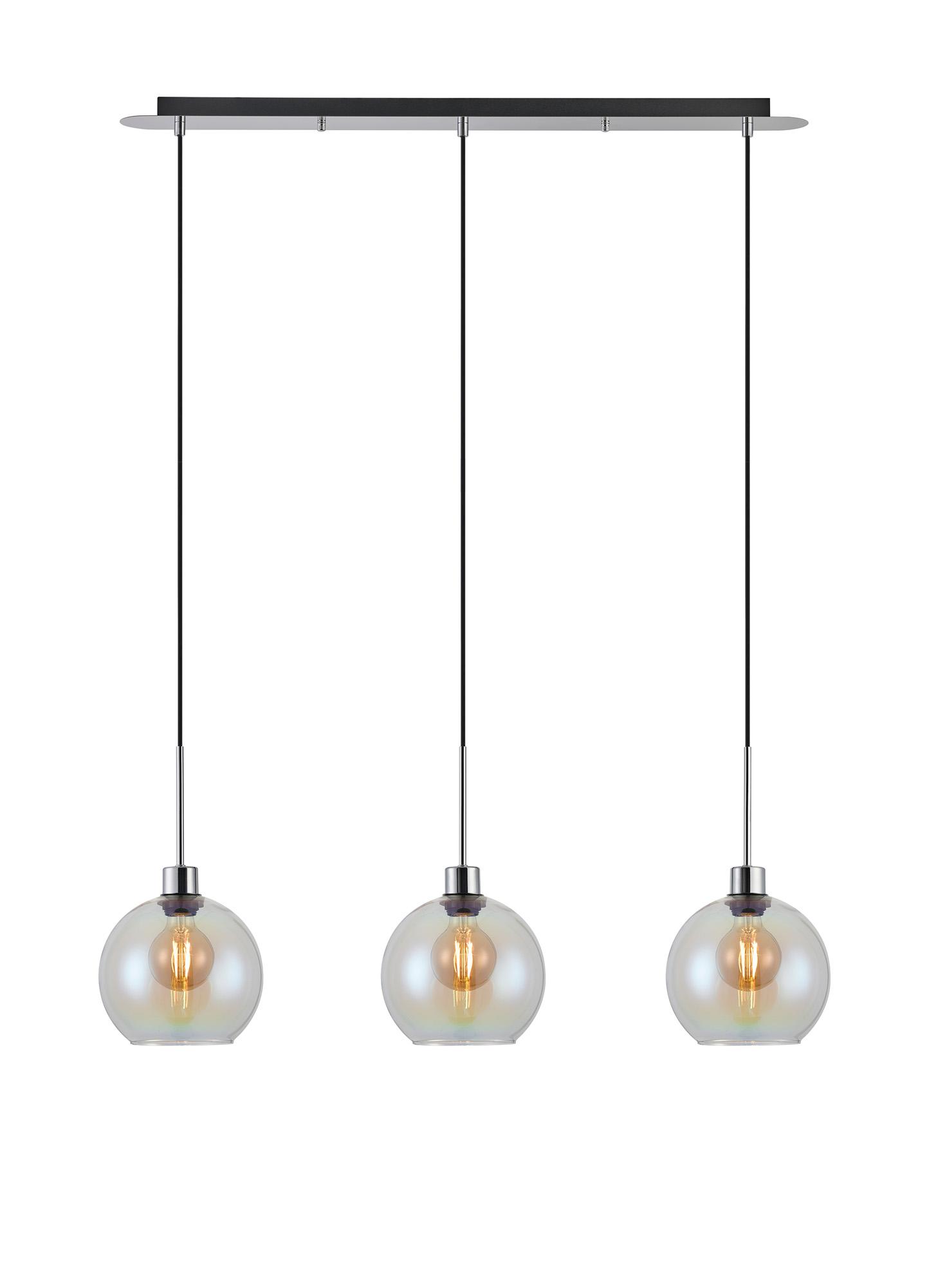 Lori Linear Pendant, 3 Light Adjustable E27, Polished Chrome/Iridescent Open Mouth Round Globe Shades