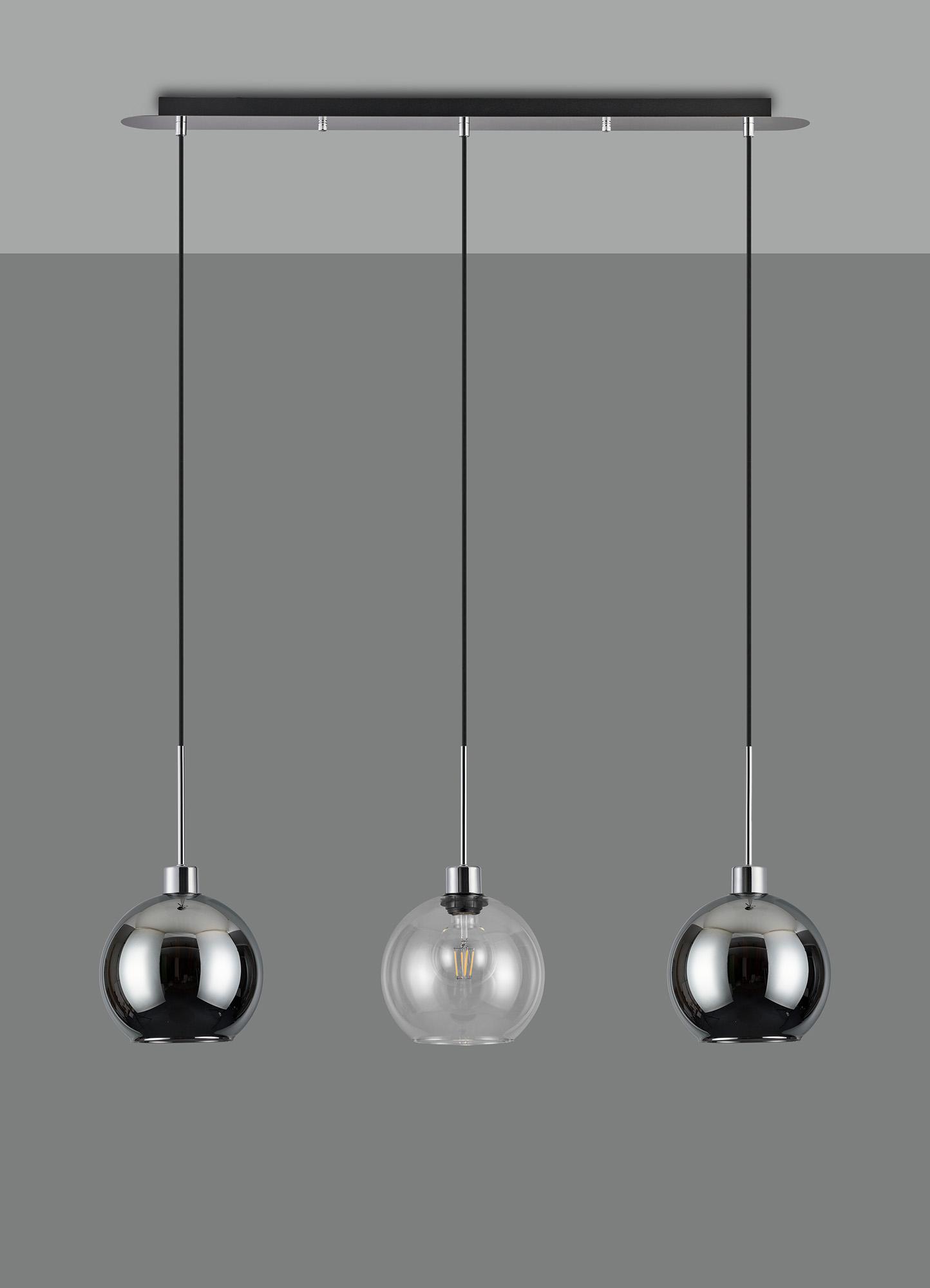 Lori Linear Pendant, 3 Light Adjustable E27, Polished Chrome/Clear/Smoke Open Mouth Round Globe Shades