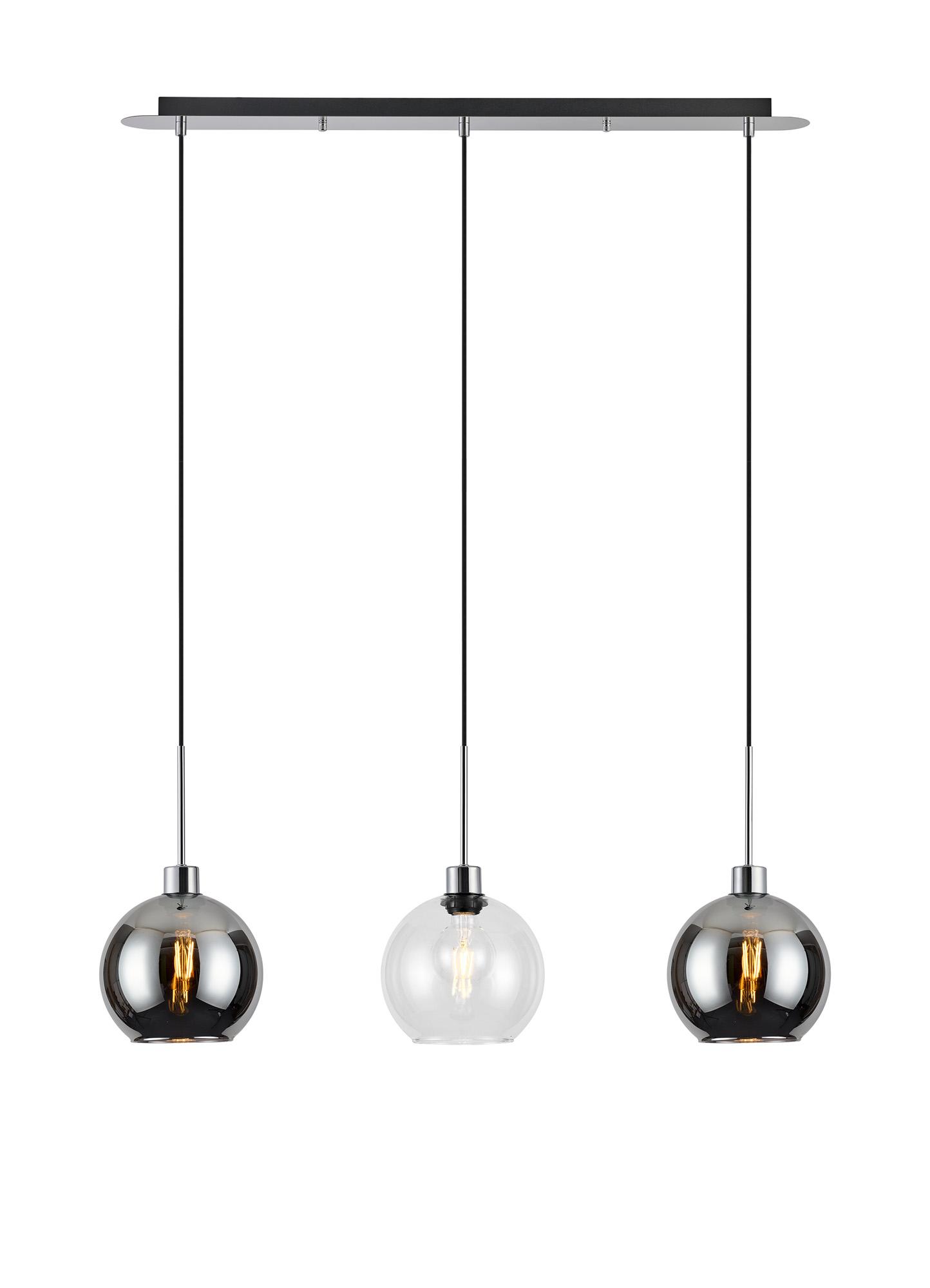 Lori Linear Pendant, 3 Light Adjustable E27, Polished Chrome/Clear/Smoke Open Mouth Round Globe Shades