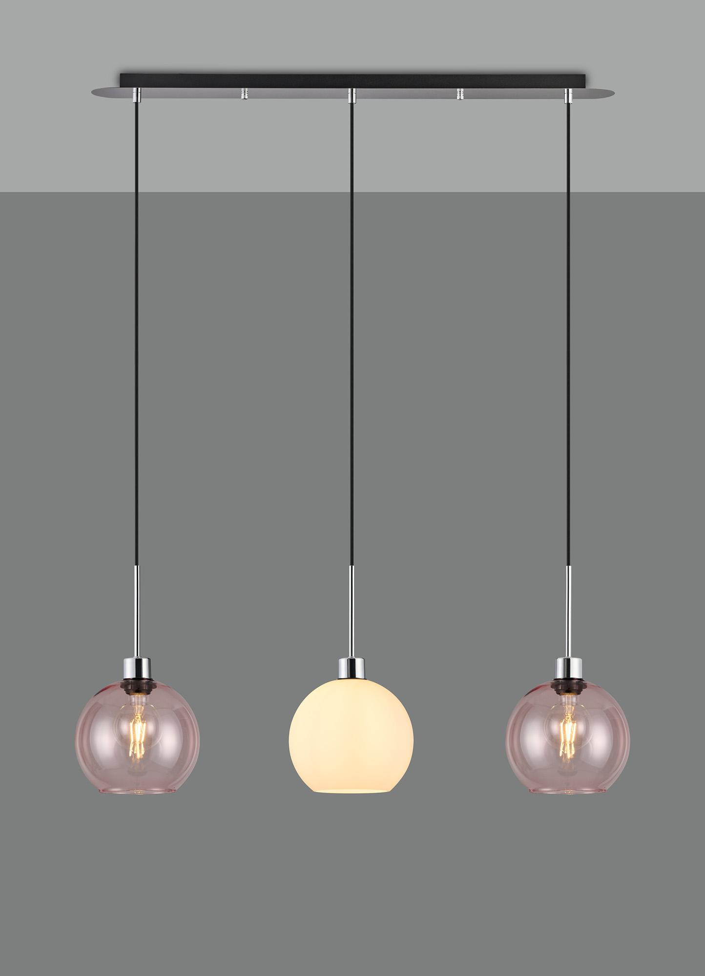 Lori Linear Pendant, 3 Light Adjustable E27, Polished Chrome/Opal/Pink Open Mouth Round Globe Shades