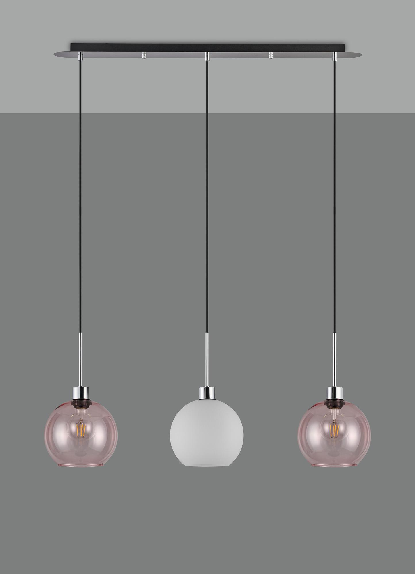 Lori Linear Pendant, 3 Light Adjustable E27, Polished Chrome/Opal/Pink Open Mouth Round Globe Shades
