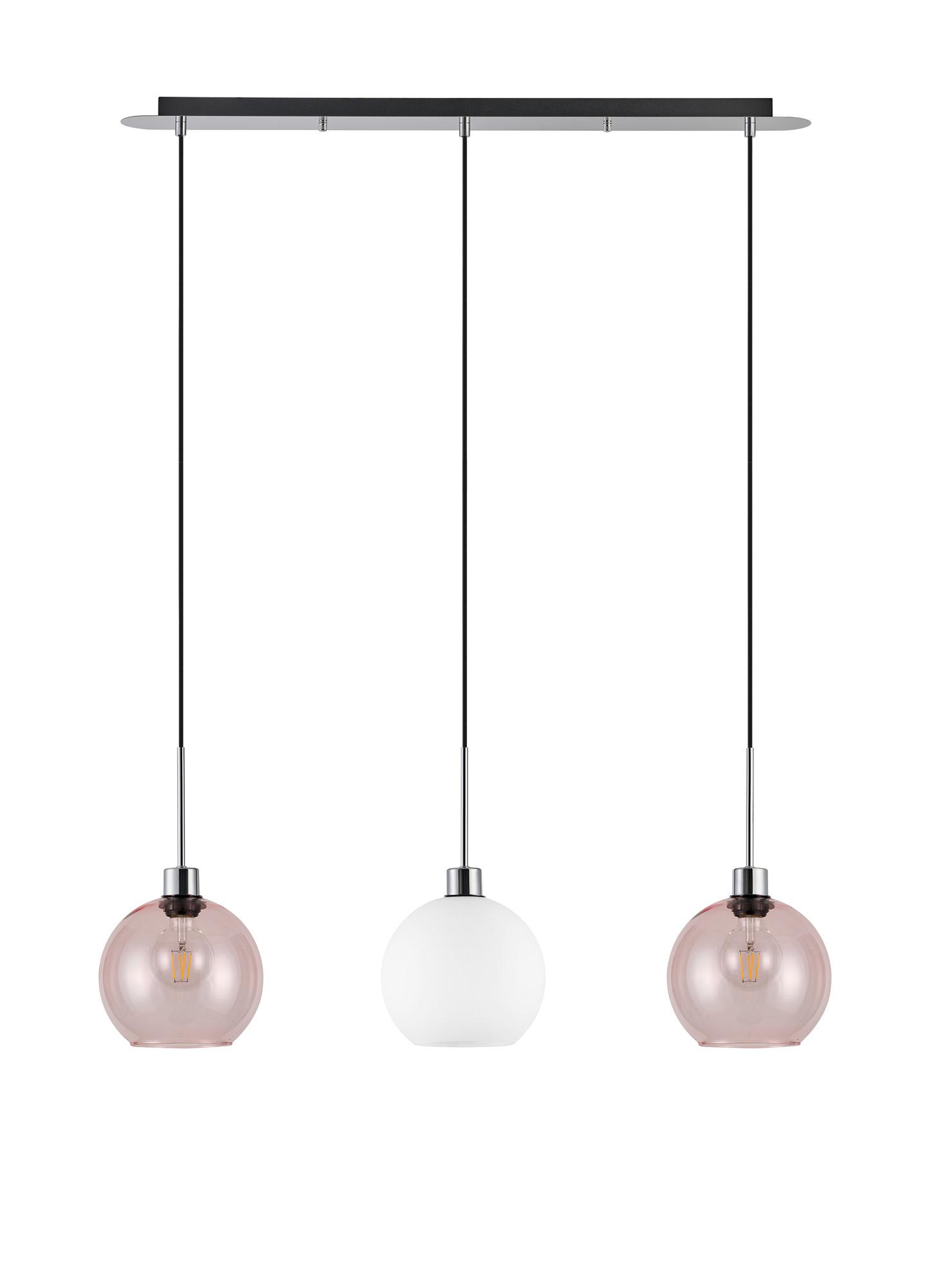 Lori Linear Pendant, 3 Light Adjustable E27, Polished Chrome/Opal/Pink Open Mouth Round Globe Shades