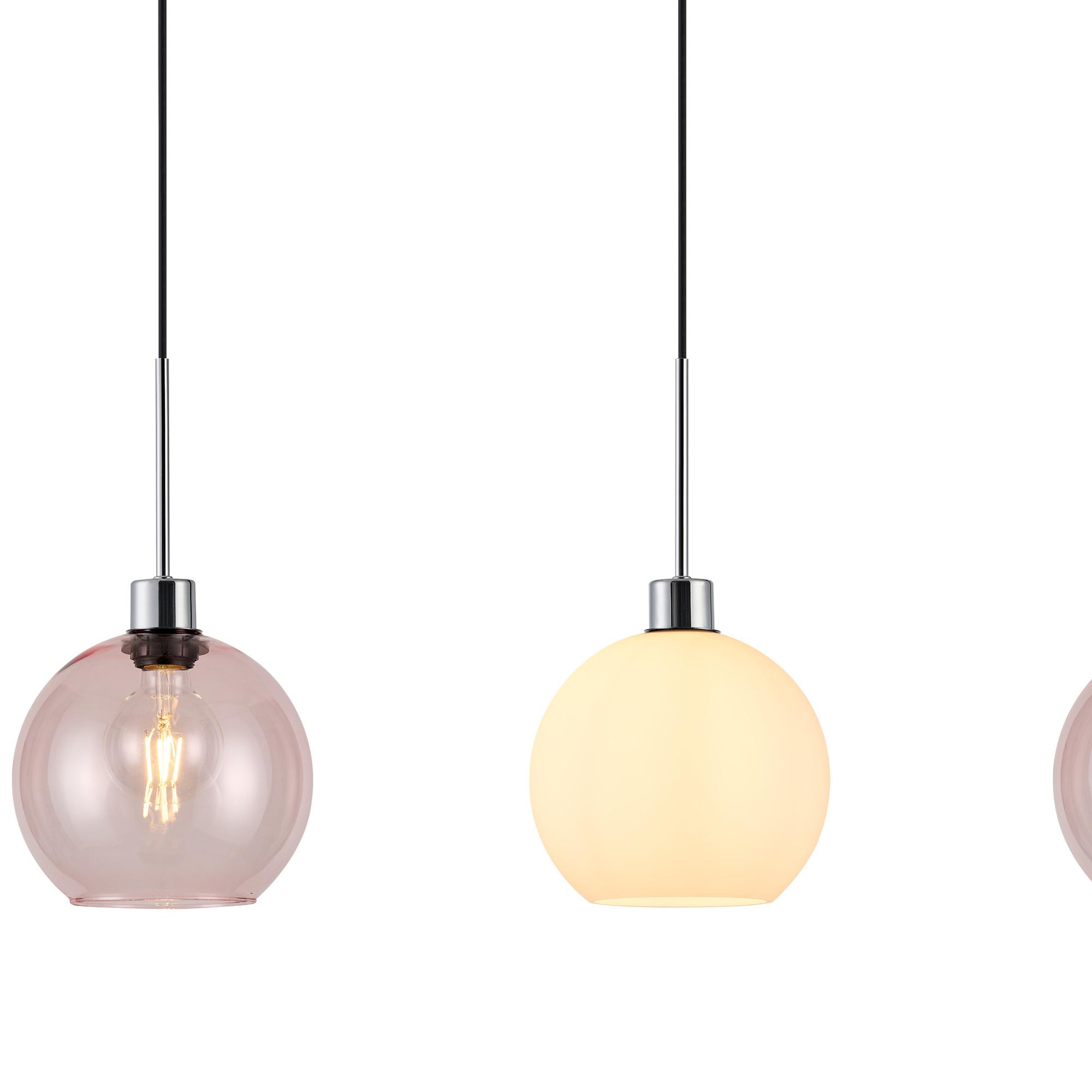 Lori Linear Pendant, 3 Light Adjustable E27, Polished Chrome/Opal/Pink Open Mouth Round Globe Shades