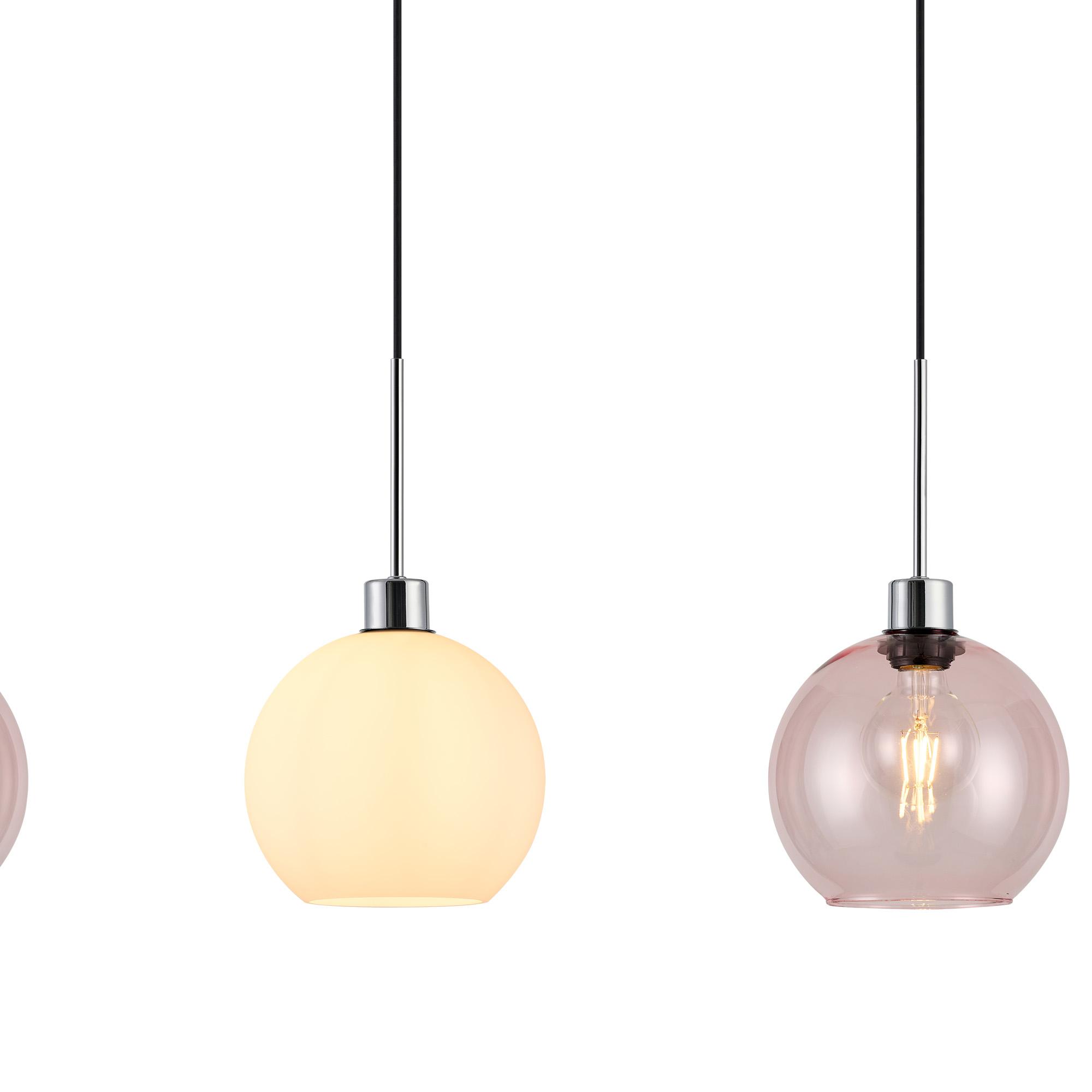 Lori Linear Pendant, 3 Light Adjustable E27, Polished Chrome/Opal/Pink Open Mouth Round Globe Shades