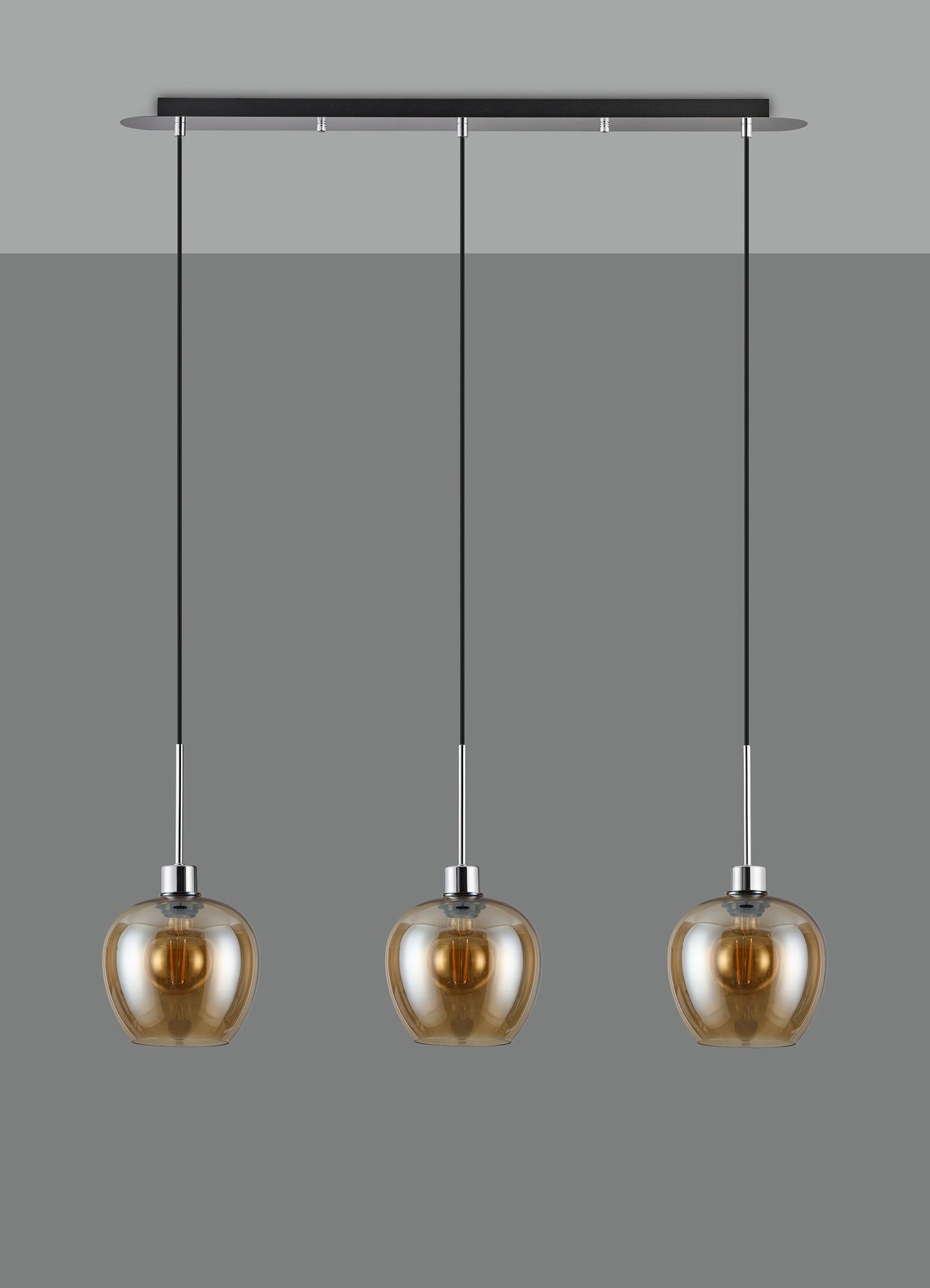 Lori Linear Pendant, 3 Light Adjustable E27, Polished Chrome/Amber Wine Shades