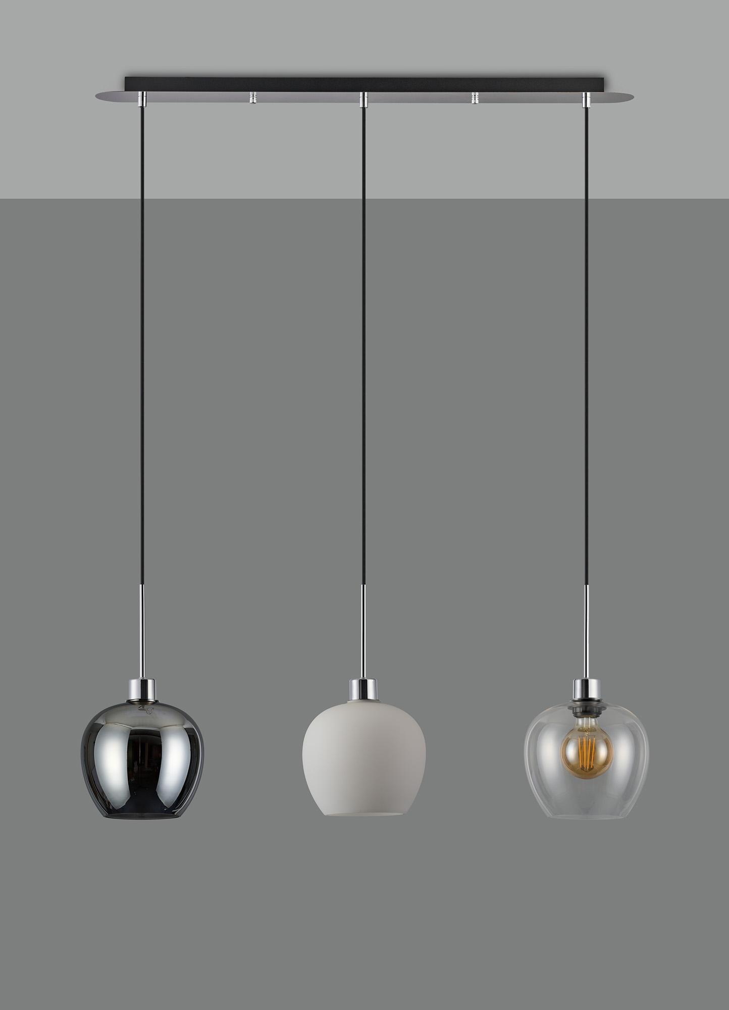 Lori Linear Pendant, 3 Light Adjustable E27, Polished Chrome/Chrome/Opal/Clear Wine Shades