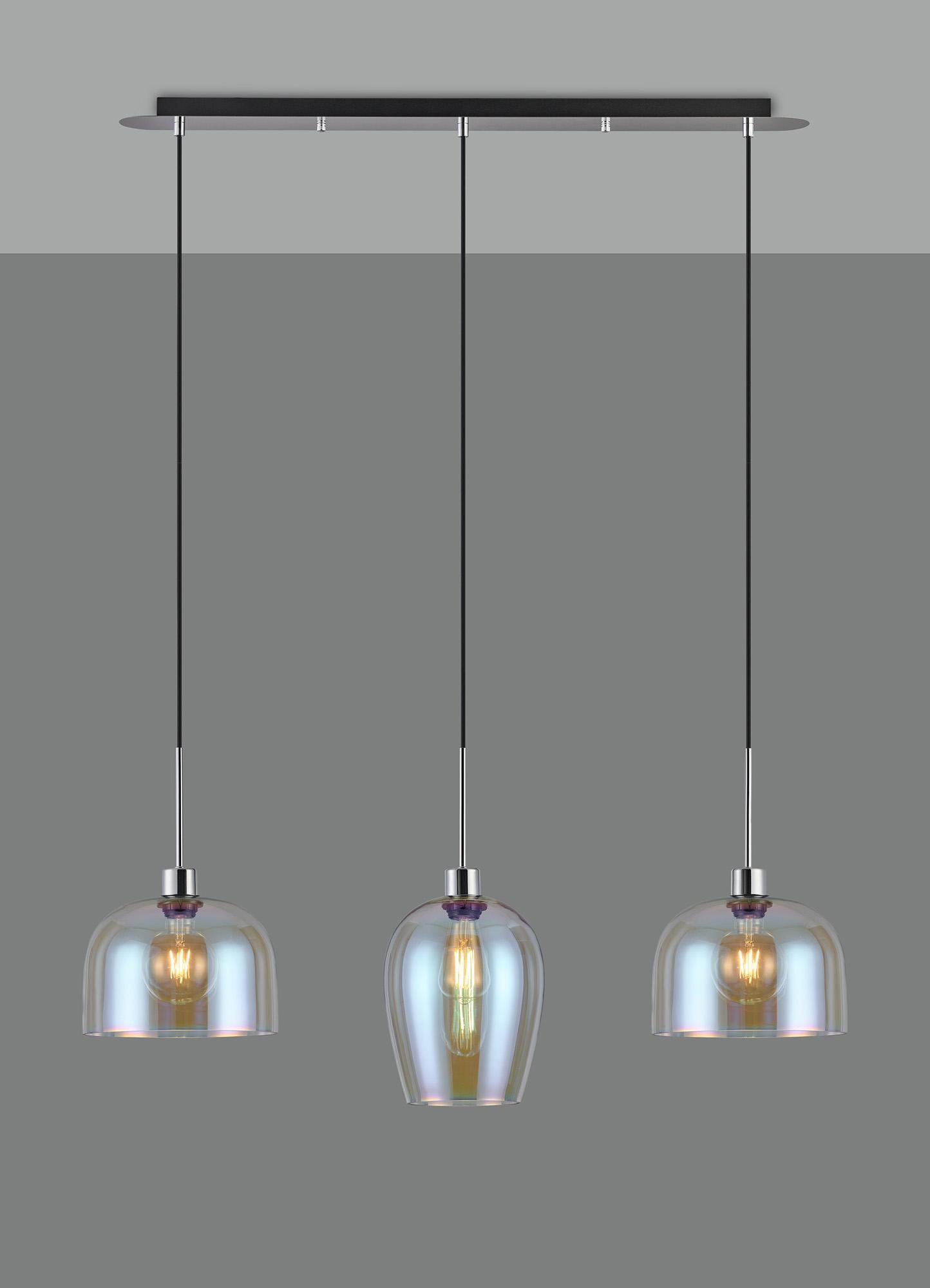 Lori Linear Pendant, 3 Light Adjustable E27, Polished Chrome/Iridescent Wine Cloche Shades