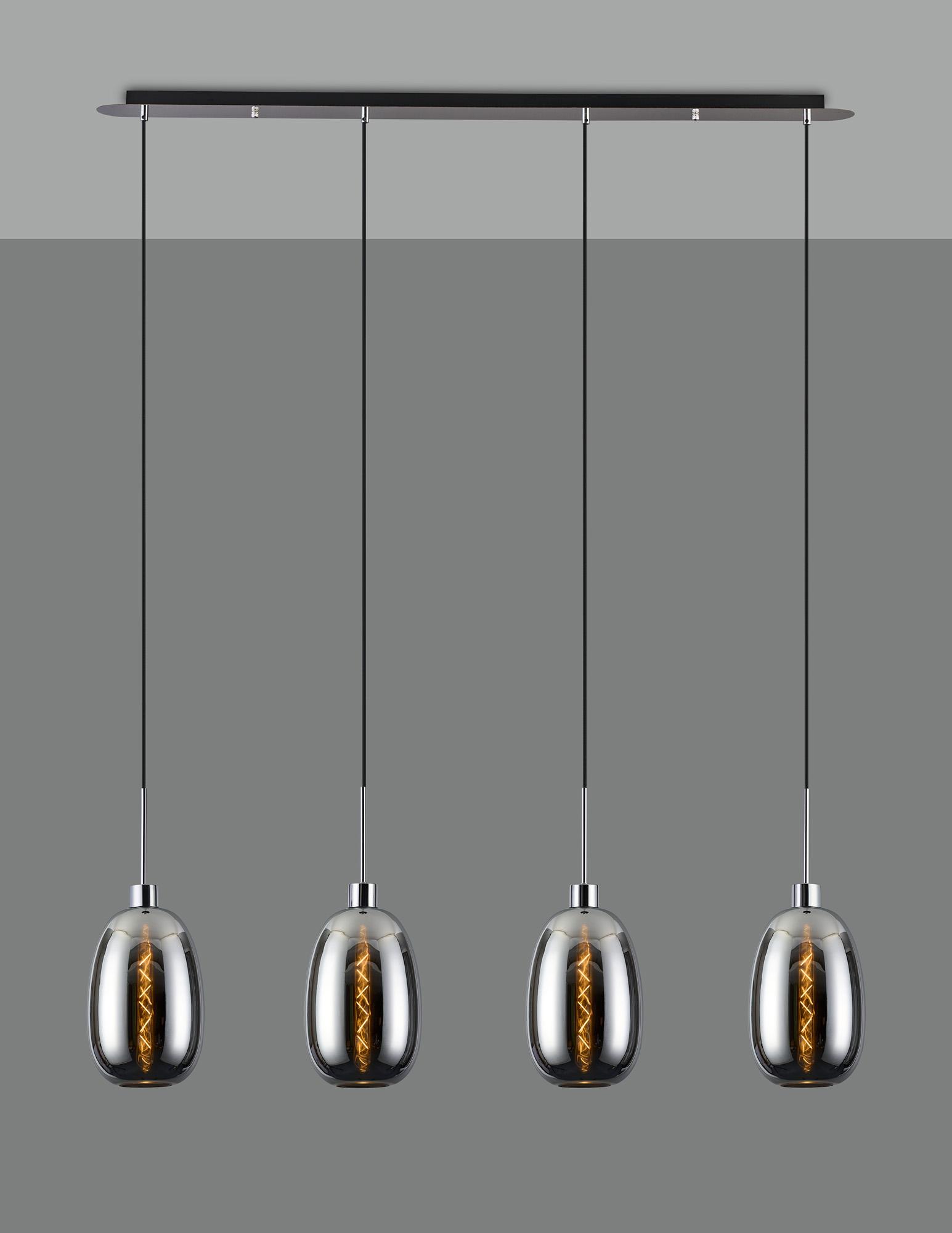 Lori Linear Pendant, 4 Light Adjustable E27, Polished Chrome/Chrome Slim Curved Trapezium Shades