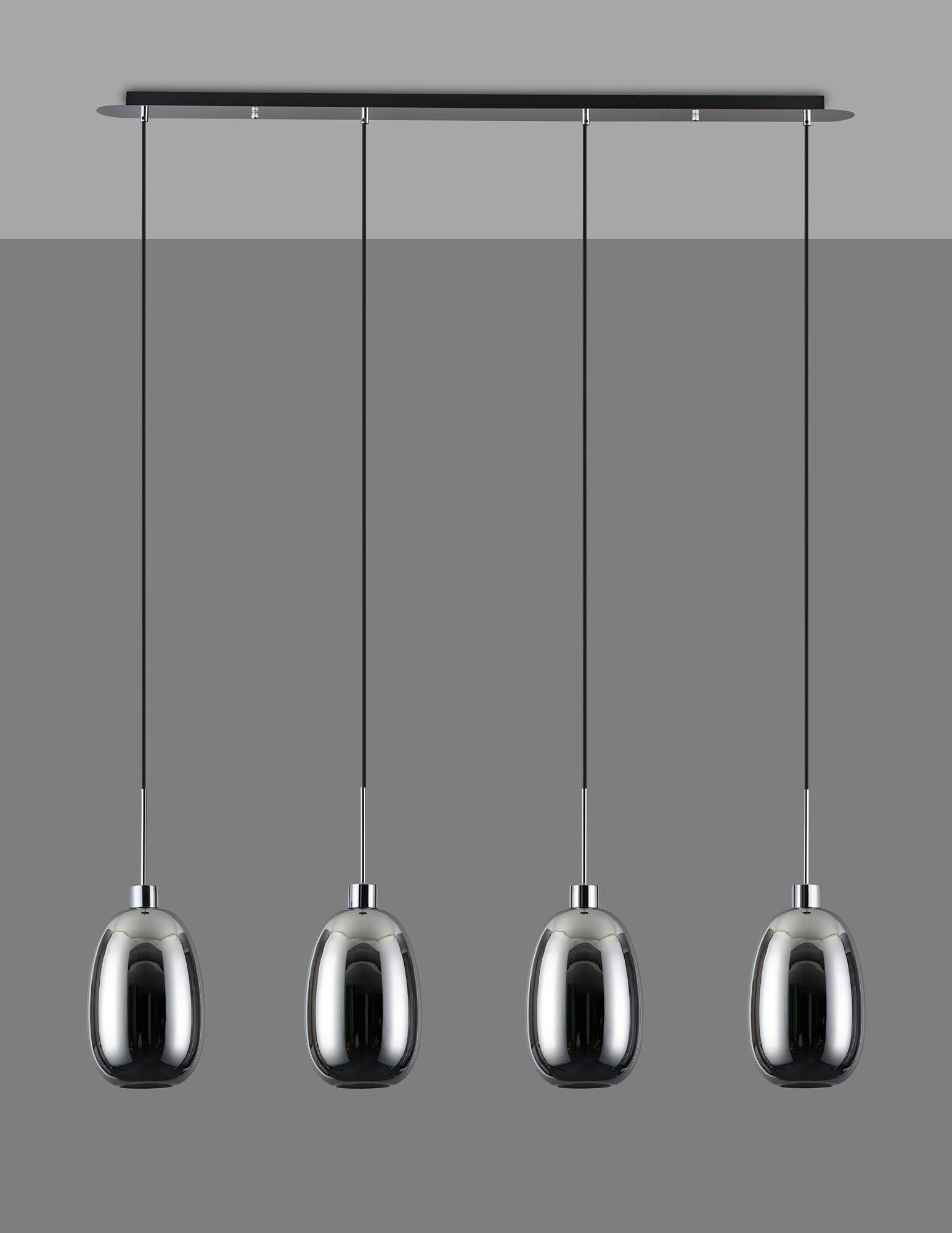 Lori Linear Pendant, 4 Light Adjustable E27, Polished Chrome/Chrome Slim Curved Trapezium Shades