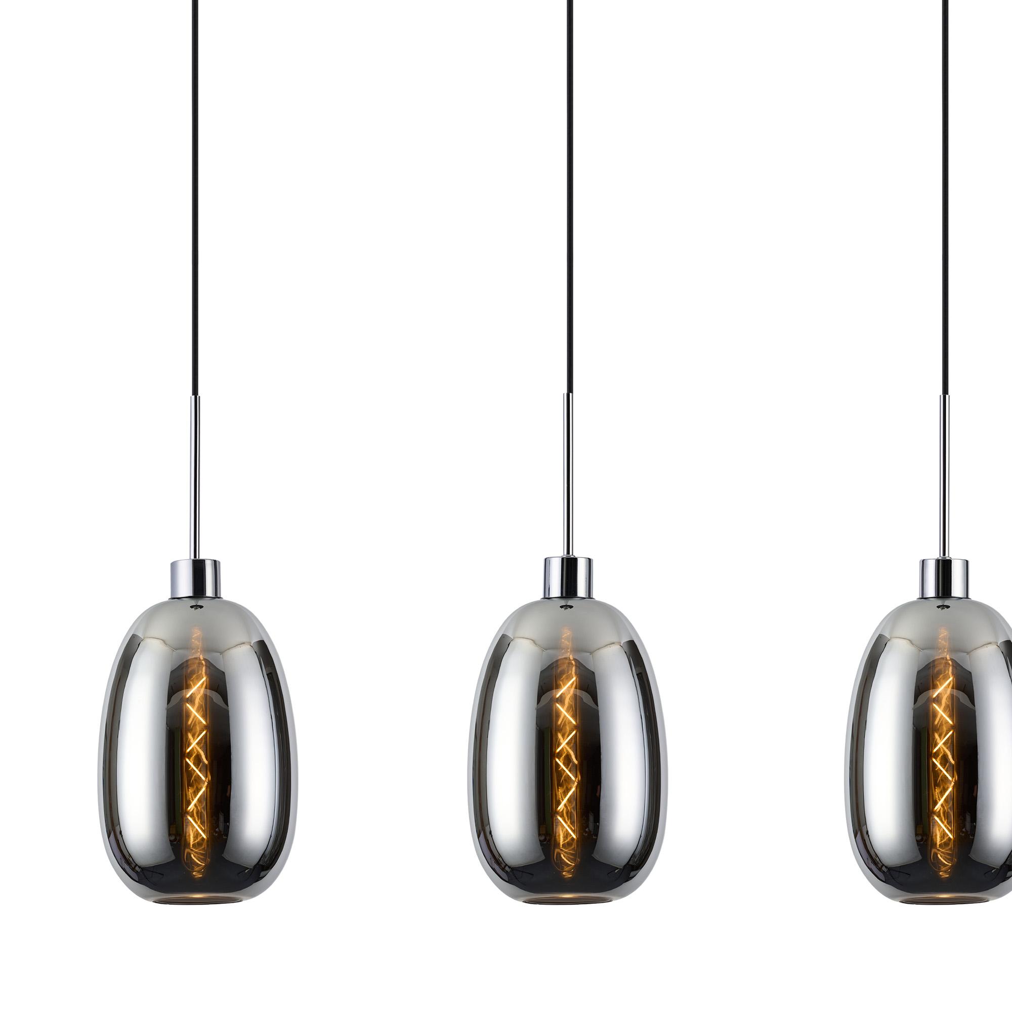 Lori Linear Pendant, 4 Light Adjustable E27, Polished Chrome/Chrome Slim Curved Trapezium Shades