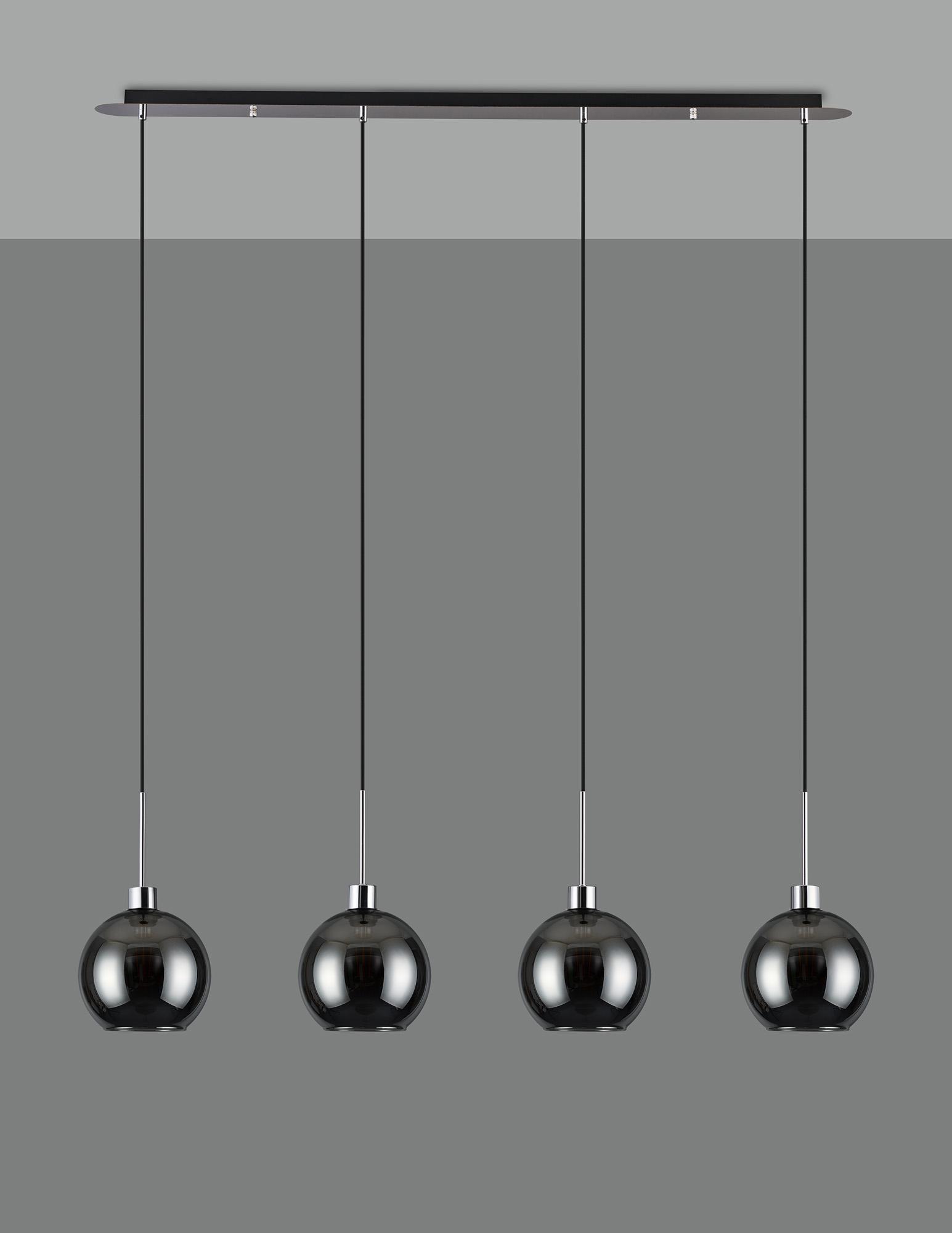 Lori Linear Pendant, 4 Light Adjustable E27, Polished Chrome/Chrome Open Mouth Round Globe Shades