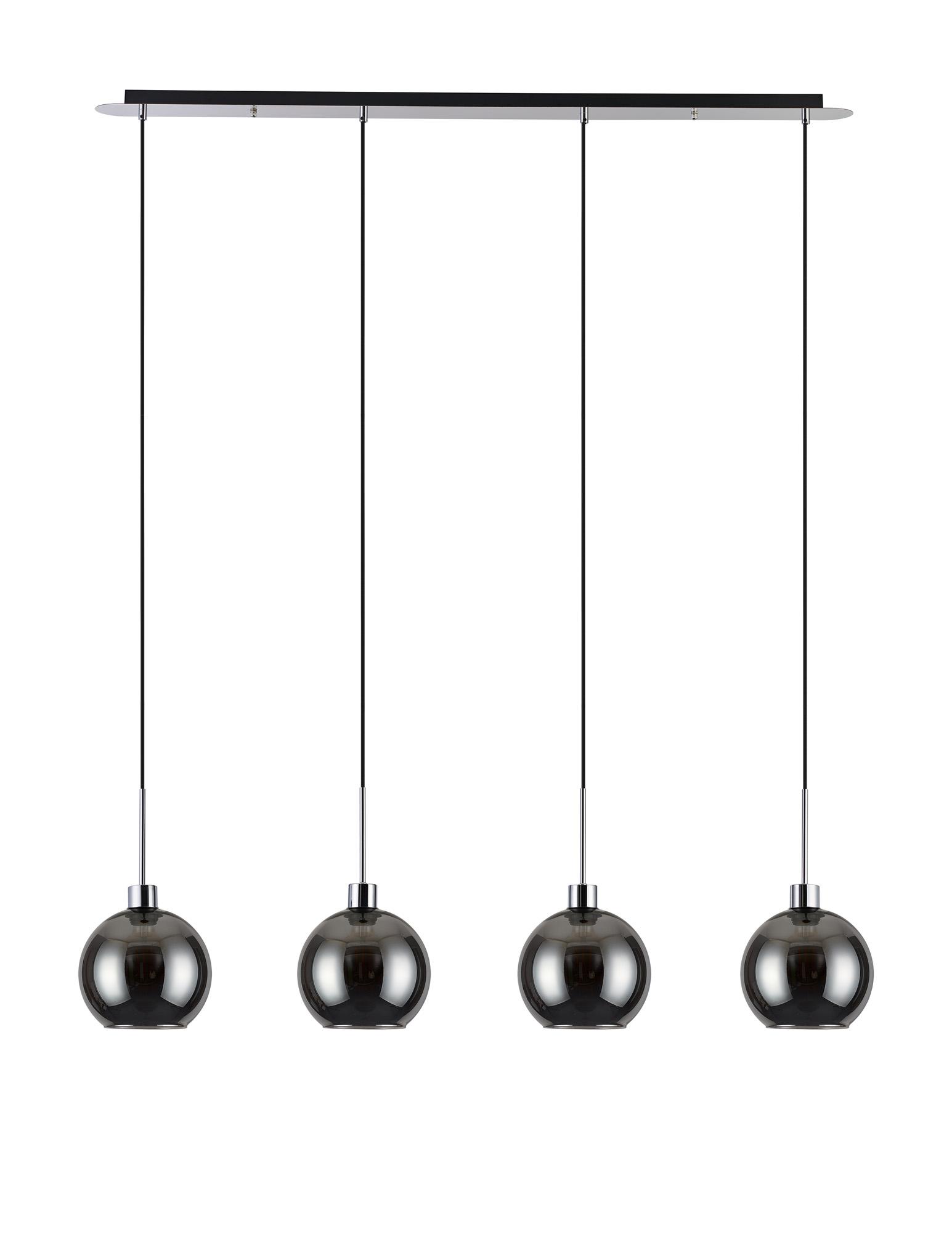 Lori Linear Pendant, 4 Light Adjustable E27, Polished Chrome/Chrome Open Mouth Round Globe Shades