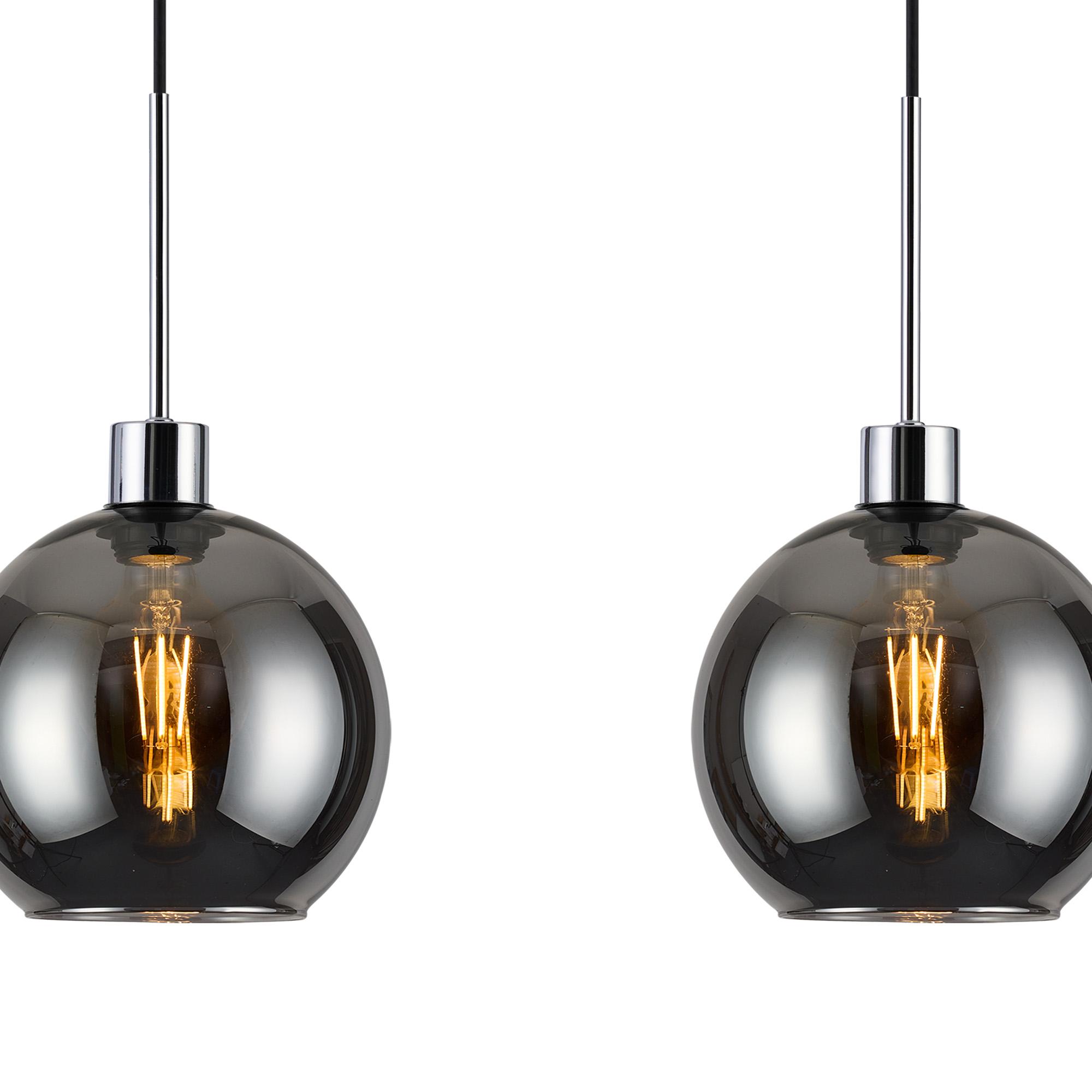 Lori Linear Pendant, 4 Light Adjustable E27, Polished Chrome/Chrome Open Mouth Round Globe Shades