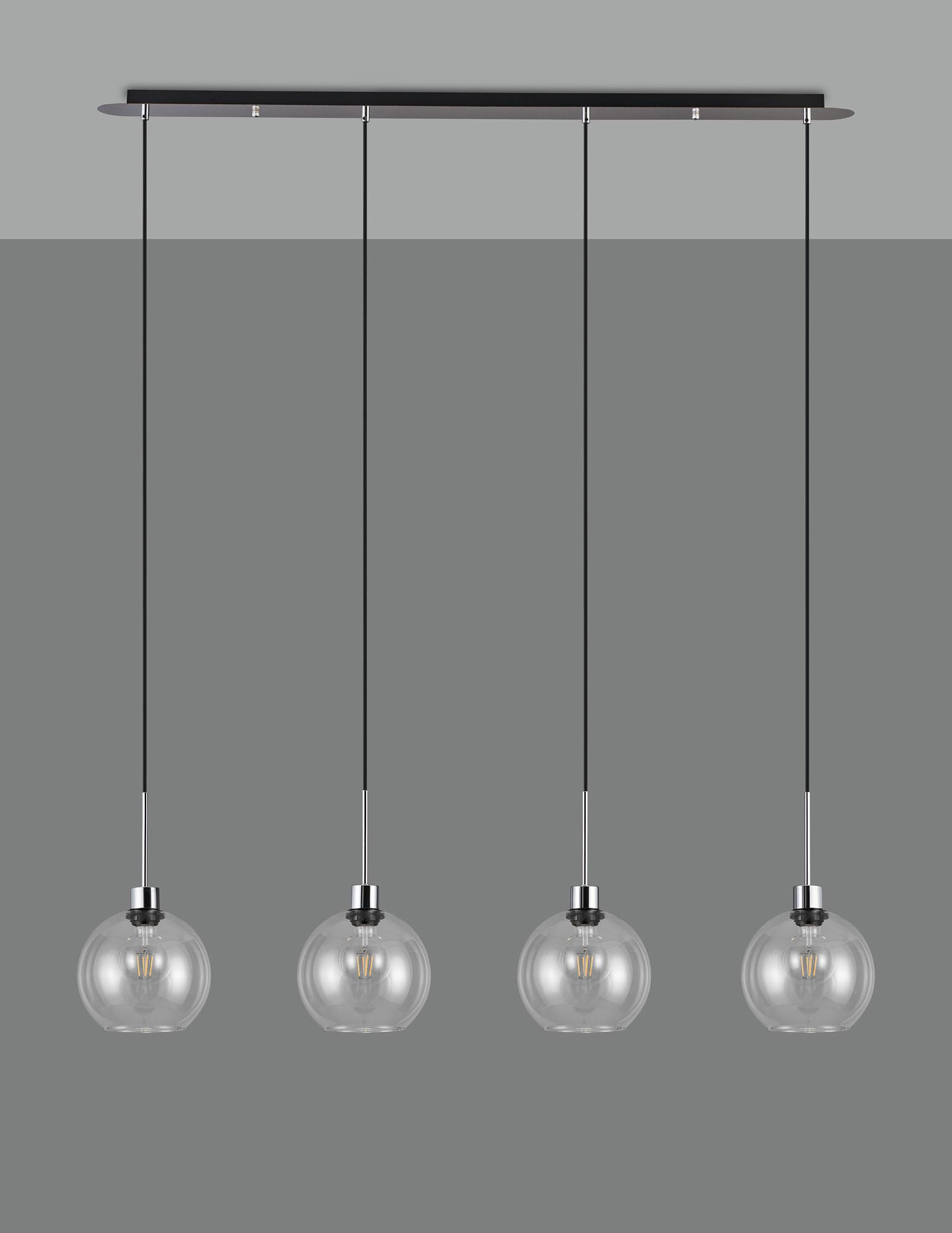 Lori Linear Pendant, 4 Light Adjustable E27, Polished Chrome/Clear Open Mouth Round Globe Shades