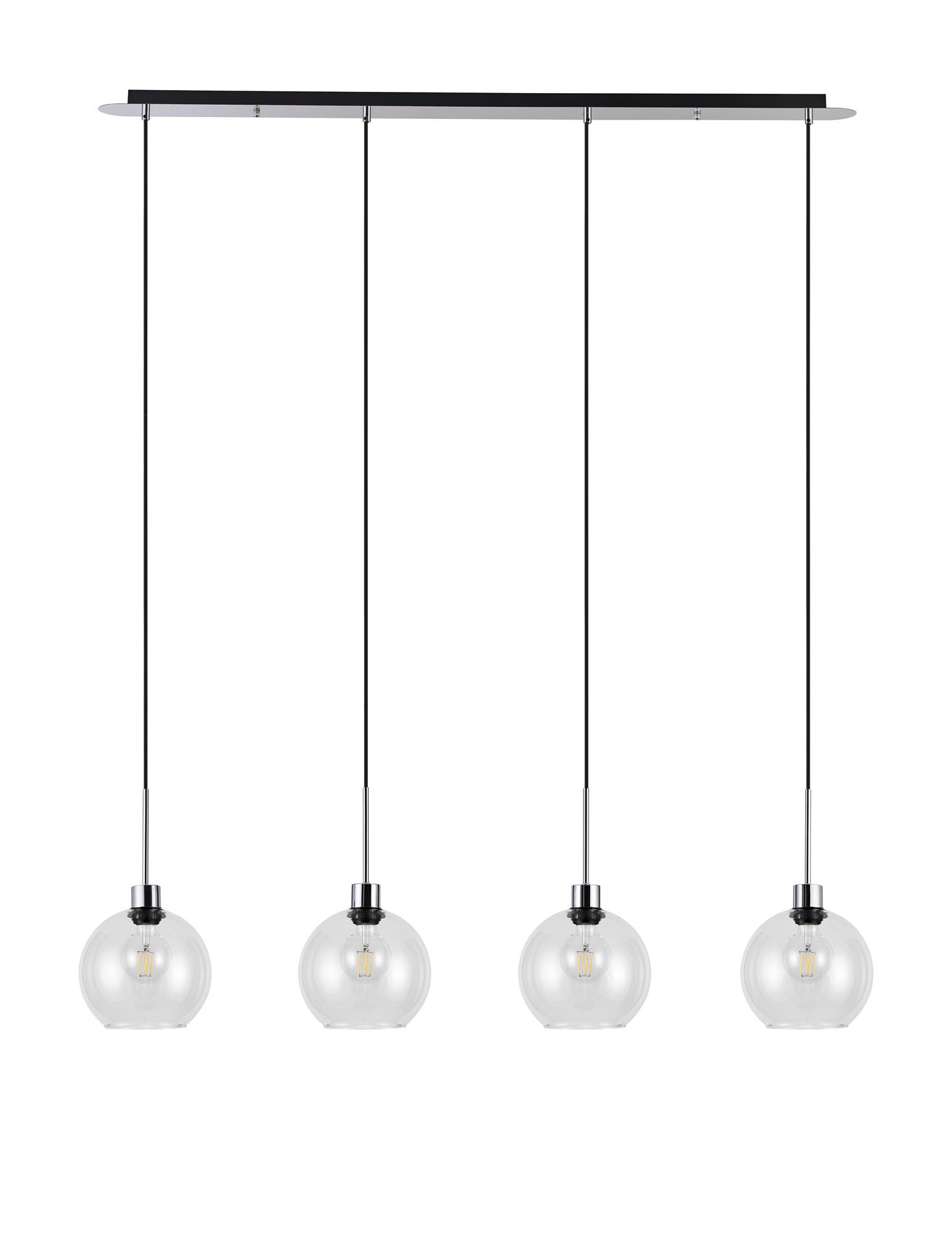 Lori Linear Pendant, 4 Light Adjustable E27, Polished Chrome/Clear Open Mouth Round Globe Shades