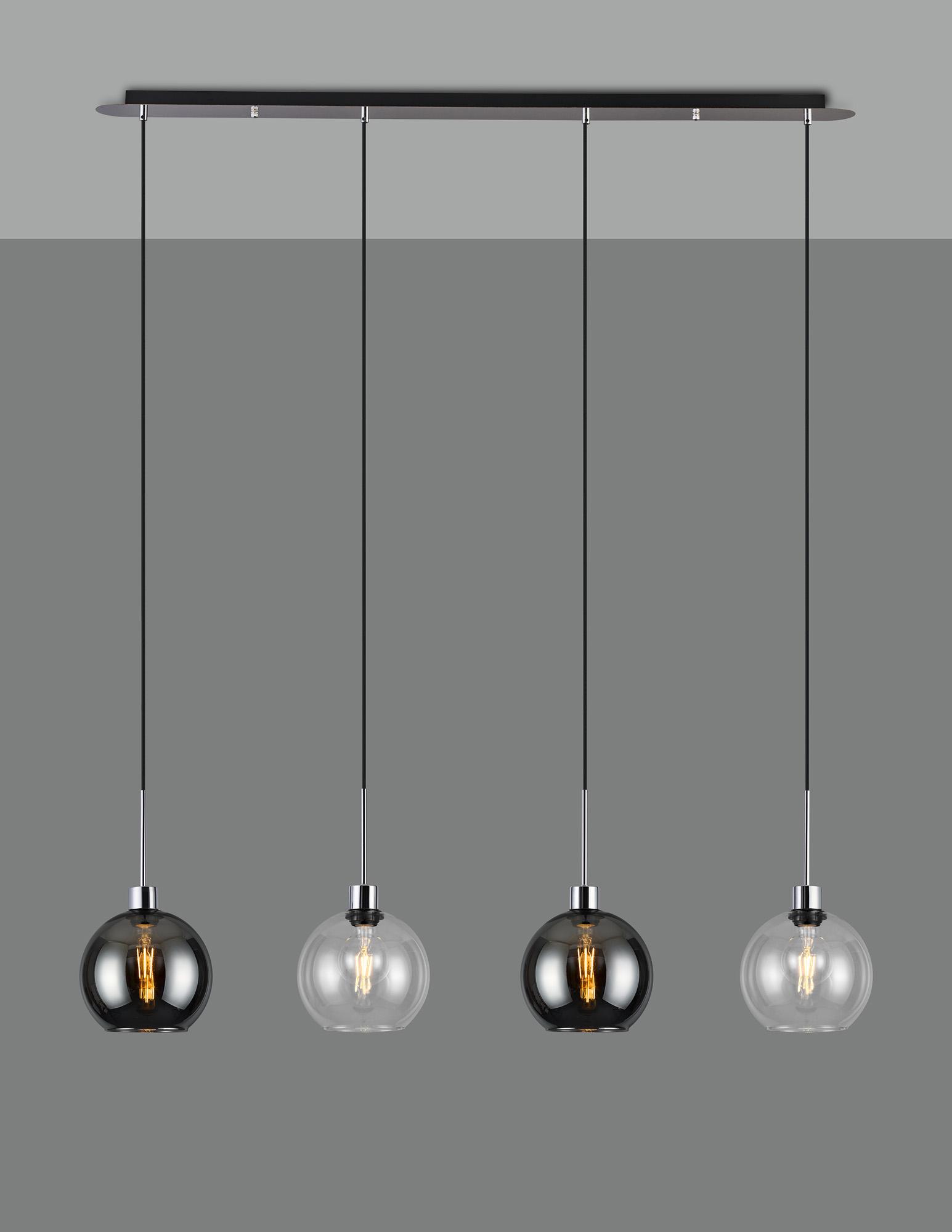 Lori Linear Pendant, 4 Light Adjustable E27, Polished Chrome/Clear/Smoke Open Mouth Round Globe Shades