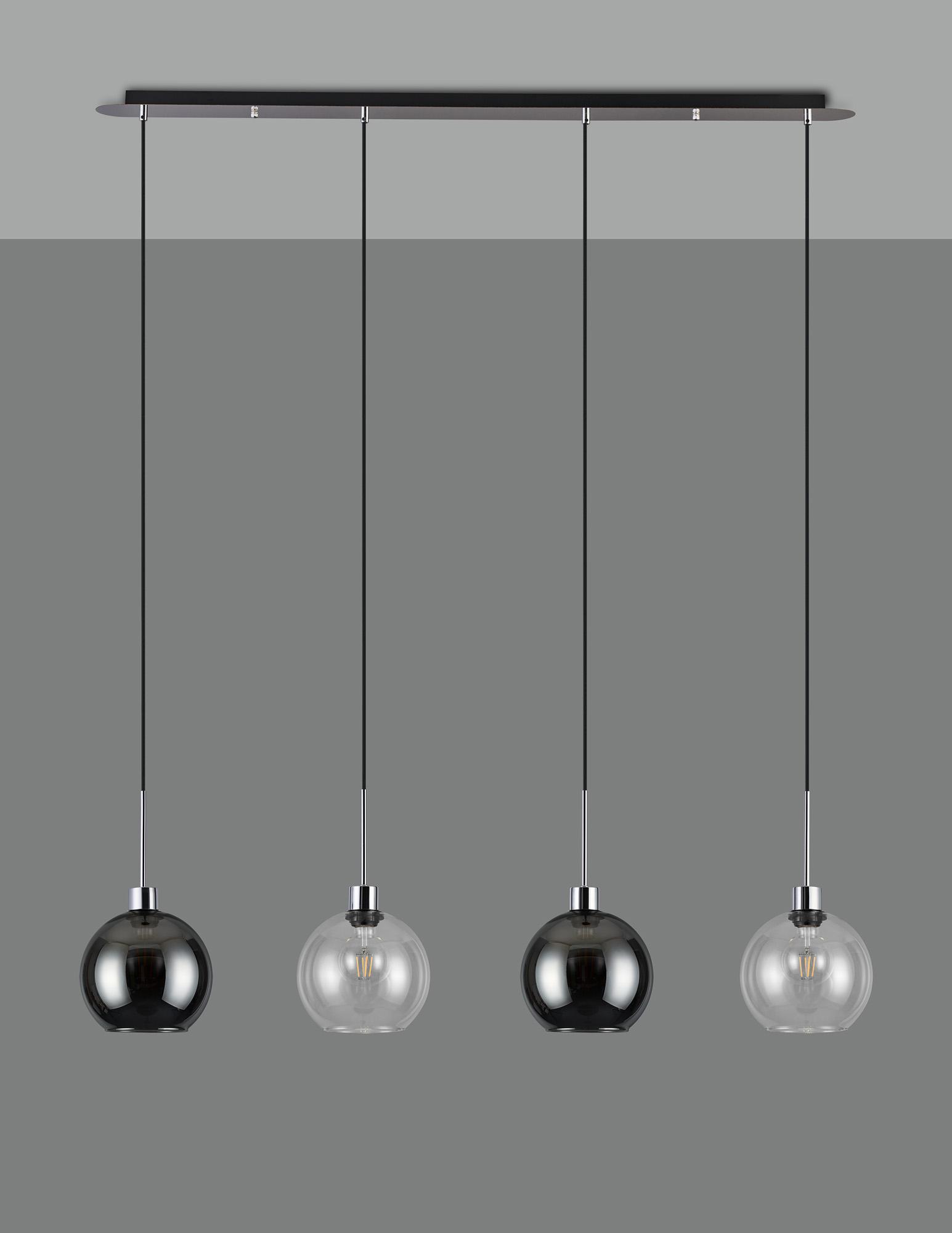 Lori Linear Pendant, 4 Light Adjustable E27, Polished Chrome/Clear/Smoke Open Mouth Round Globe Shades