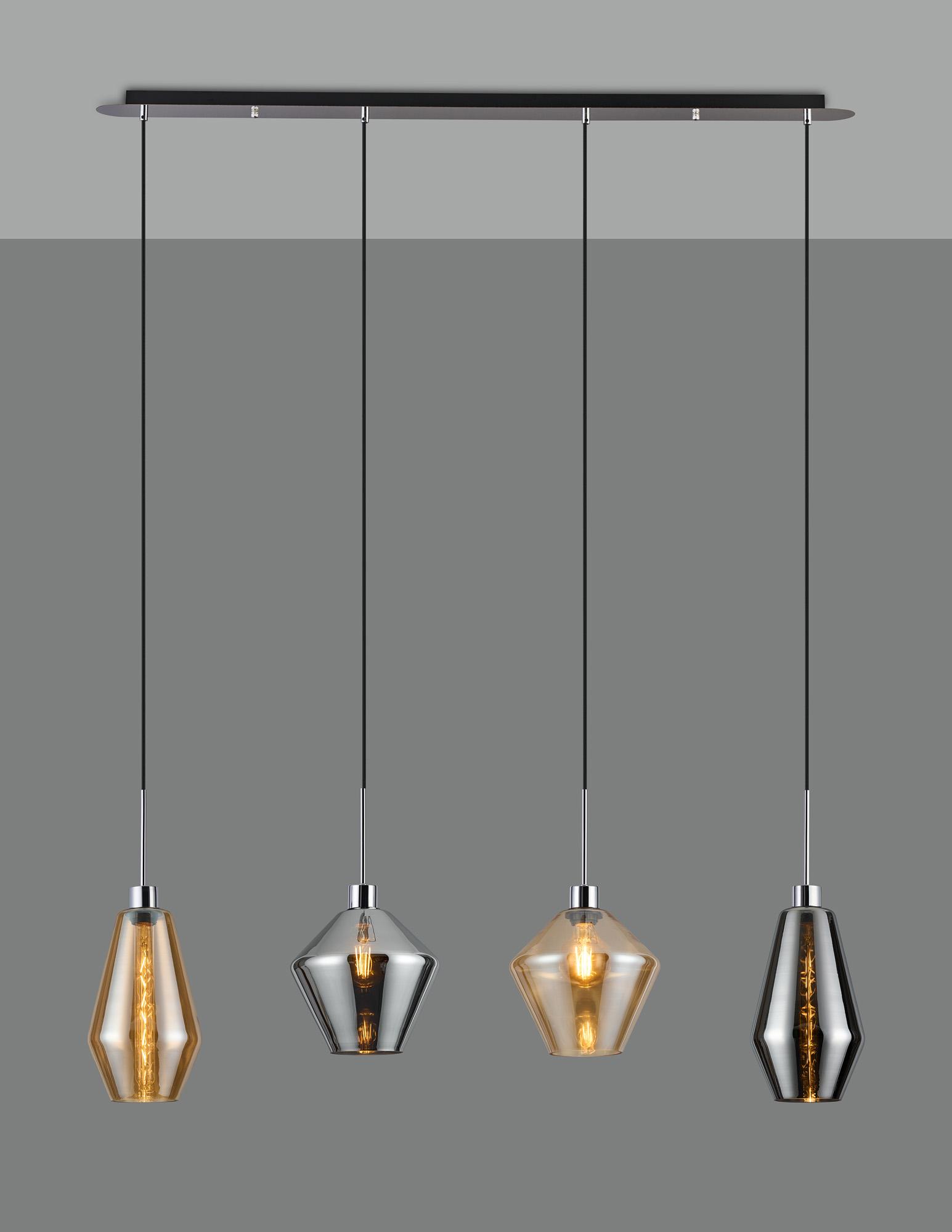 Lori Linear Pendant, 4 Light Adjustable E27, Polished Chrome/Amber/Chrome Diamond Kite Shades