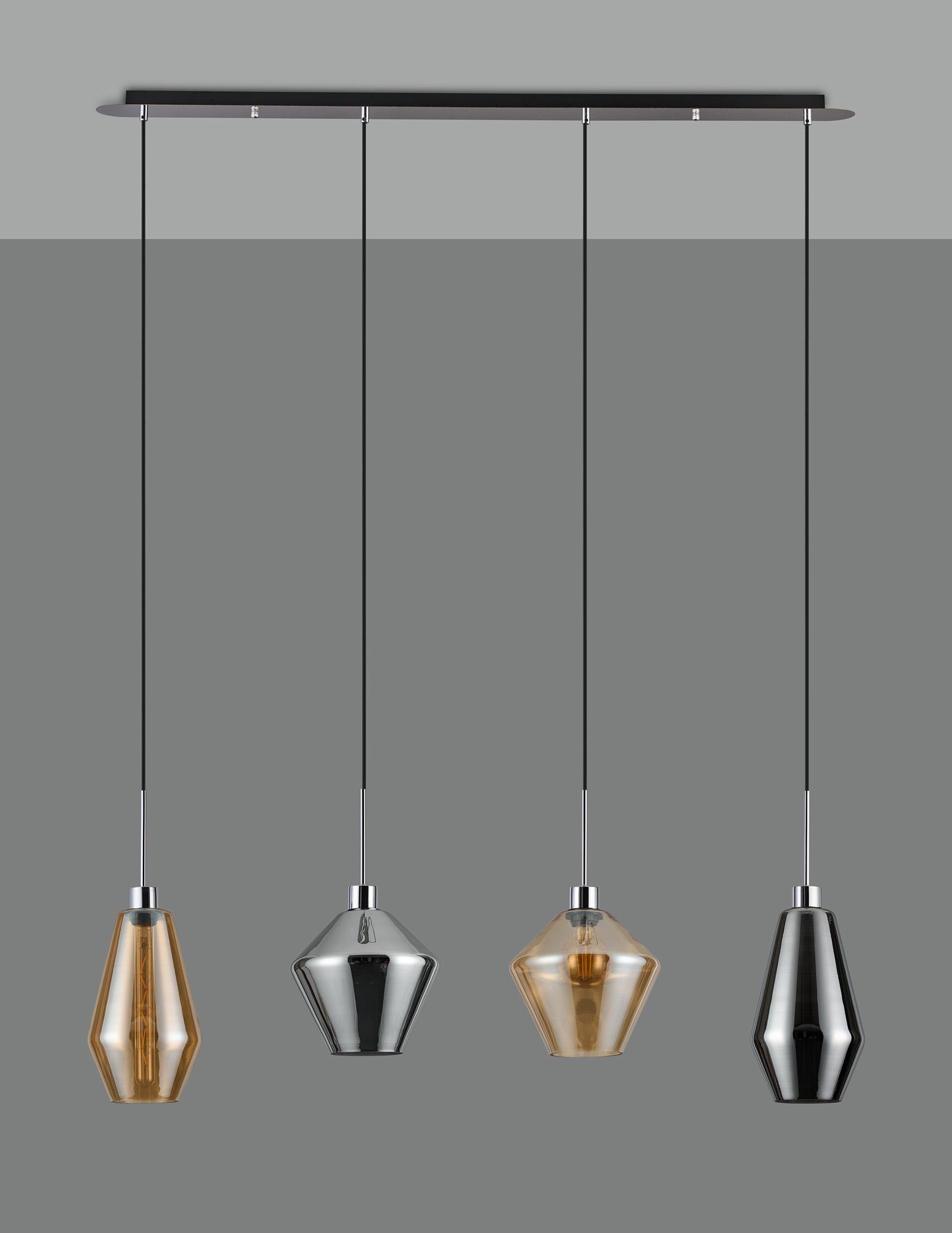 Lori Linear Pendant, 4 Light Adjustable E27, Polished Chrome/Amber/Chrome Diamond Kite Shades