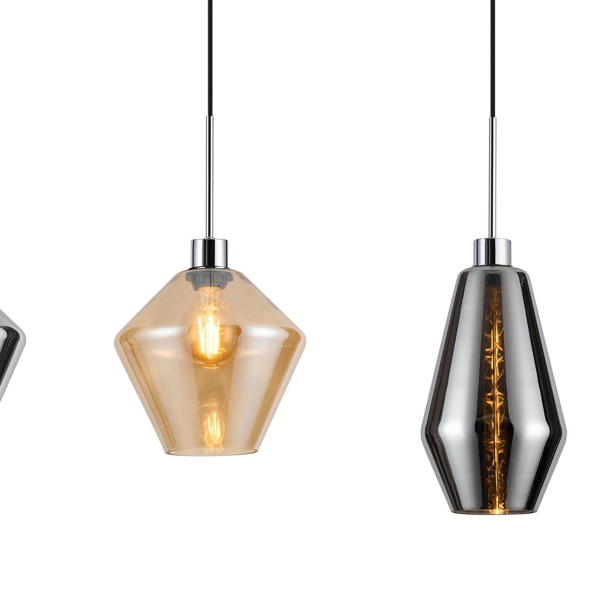 Lori Linear Pendant, 4 Light Adjustable E27, Polished Chrome/Amber/Chrome Diamond Kite Shades