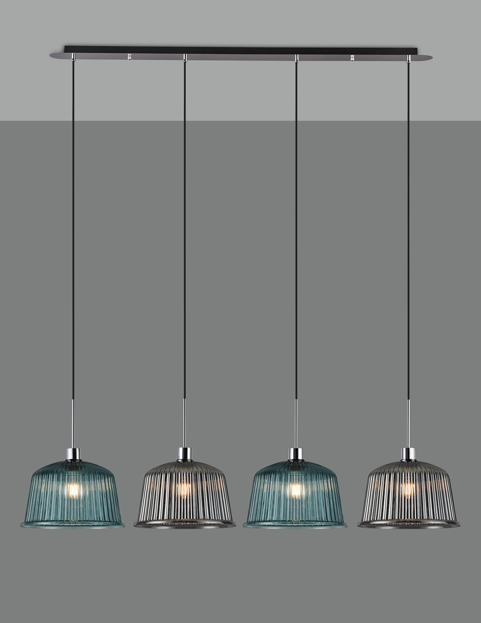 Lori Linear Pendant, 4 Light Adjustable E27, Polished Chrome/Petrol Blue/Smoke Ribbed Dome Shades