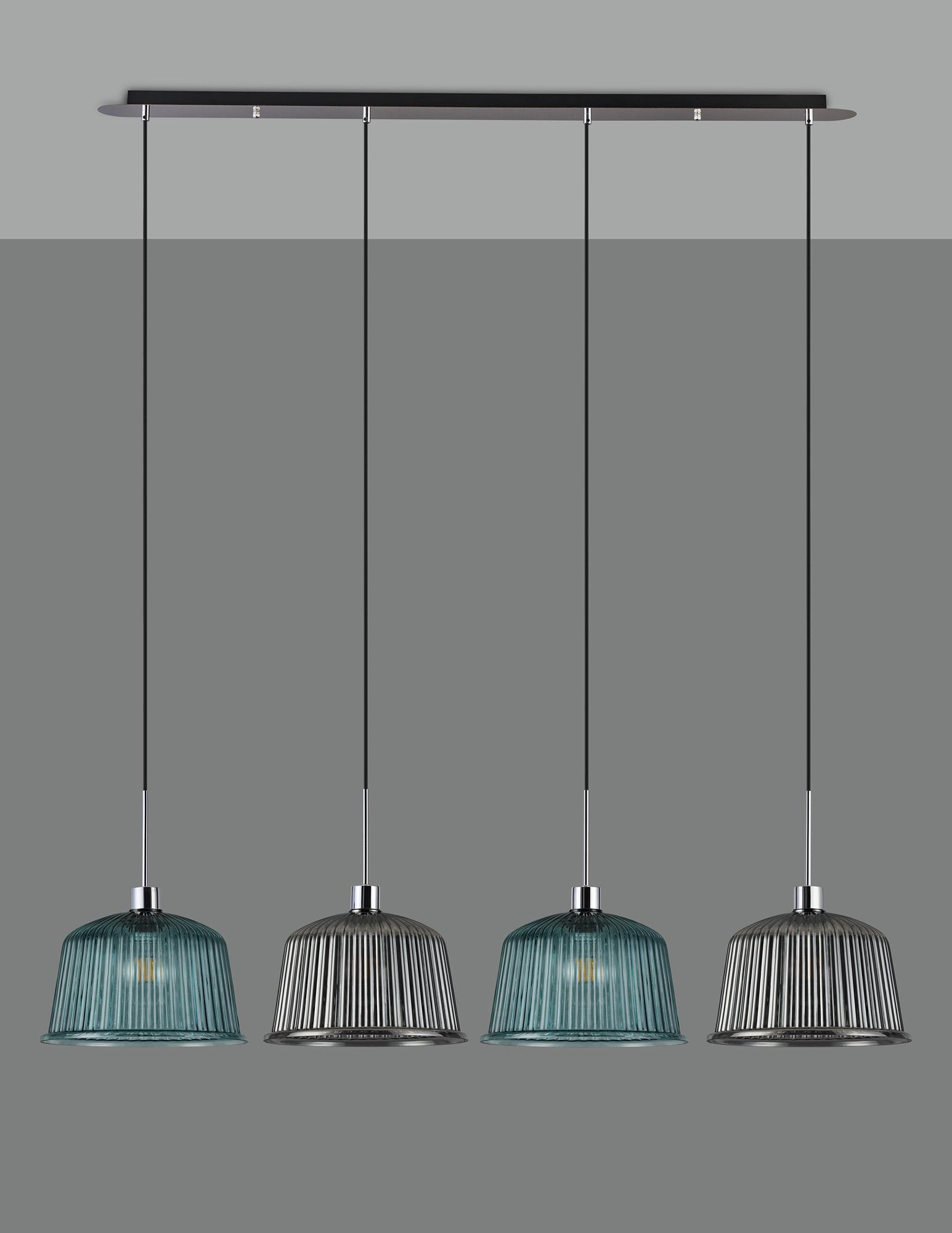 Lori Linear Pendant, 4 Light Adjustable E27, Polished Chrome/Petrol Blue/Smoke Ribbed Dome Shades