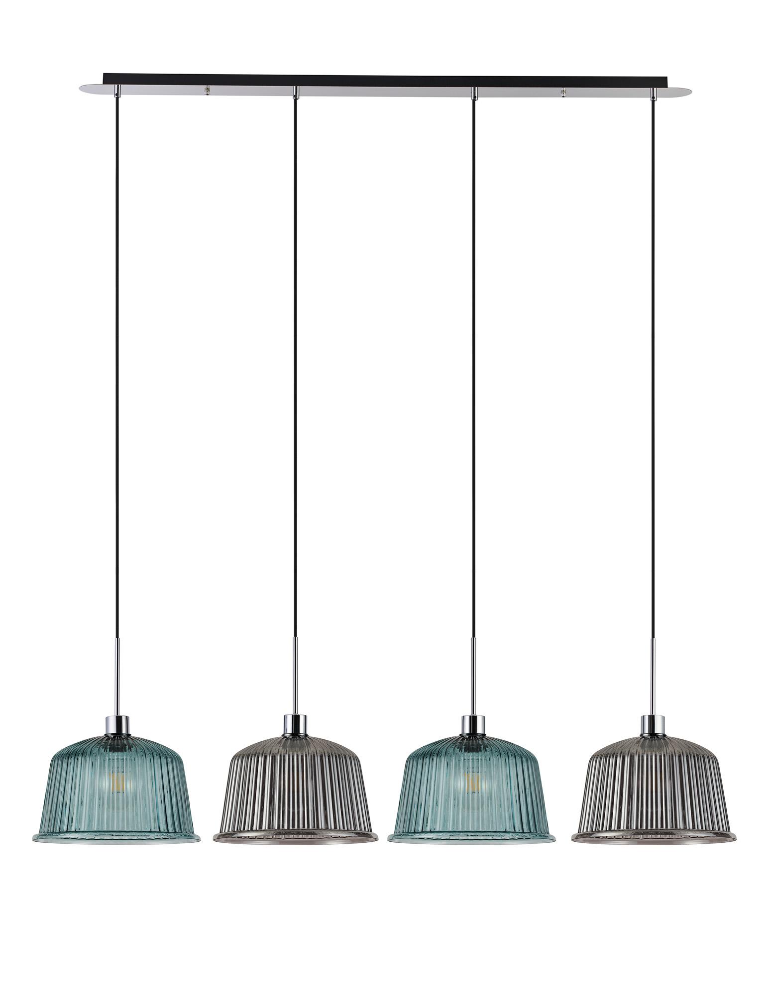 Lori Linear Pendant, 4 Light Adjustable E27, Polished Chrome/Petrol Blue/Smoke Ribbed Dome Shades