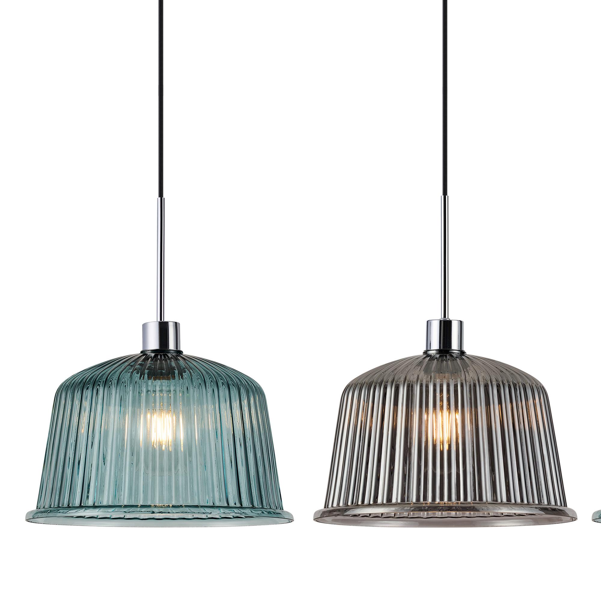 Lori Linear Pendant, 4 Light Adjustable E27, Polished Chrome/Petrol Blue/Smoke Ribbed Dome Shades