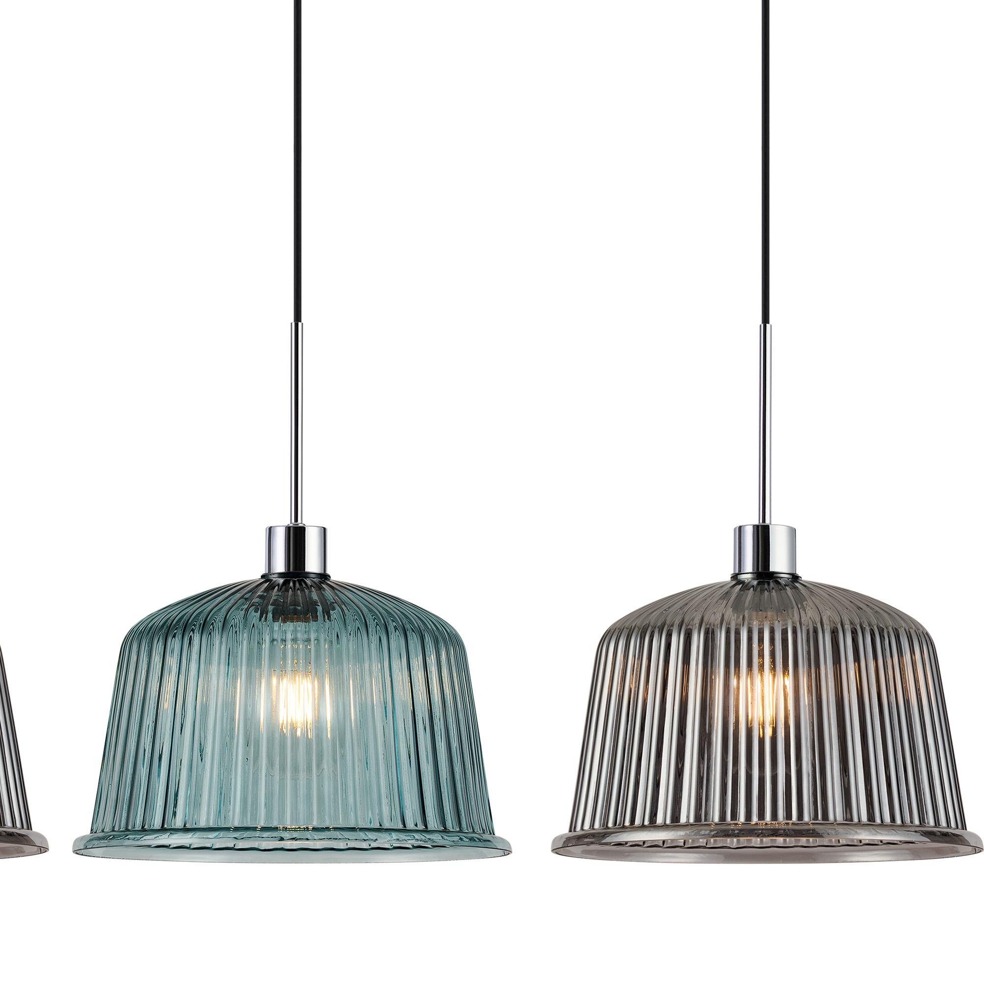 Lori Linear Pendant, 4 Light Adjustable E27, Polished Chrome/Petrol Blue/Smoke Ribbed Dome Shades