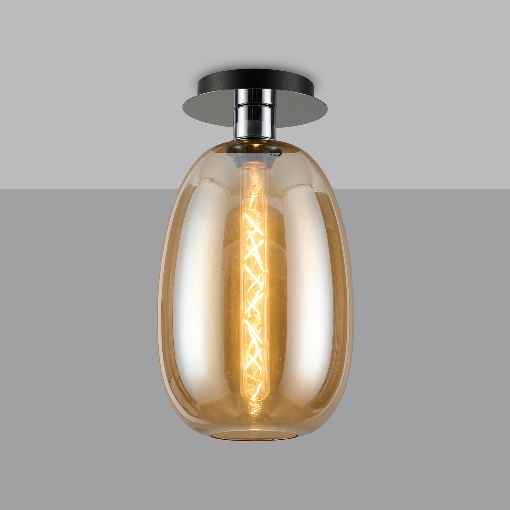 Lori 15cm Round Ceiling Flush, 1 Light Flush Fitting E27, Polished Chrome/Amber Slim Curved Trapezium Shades