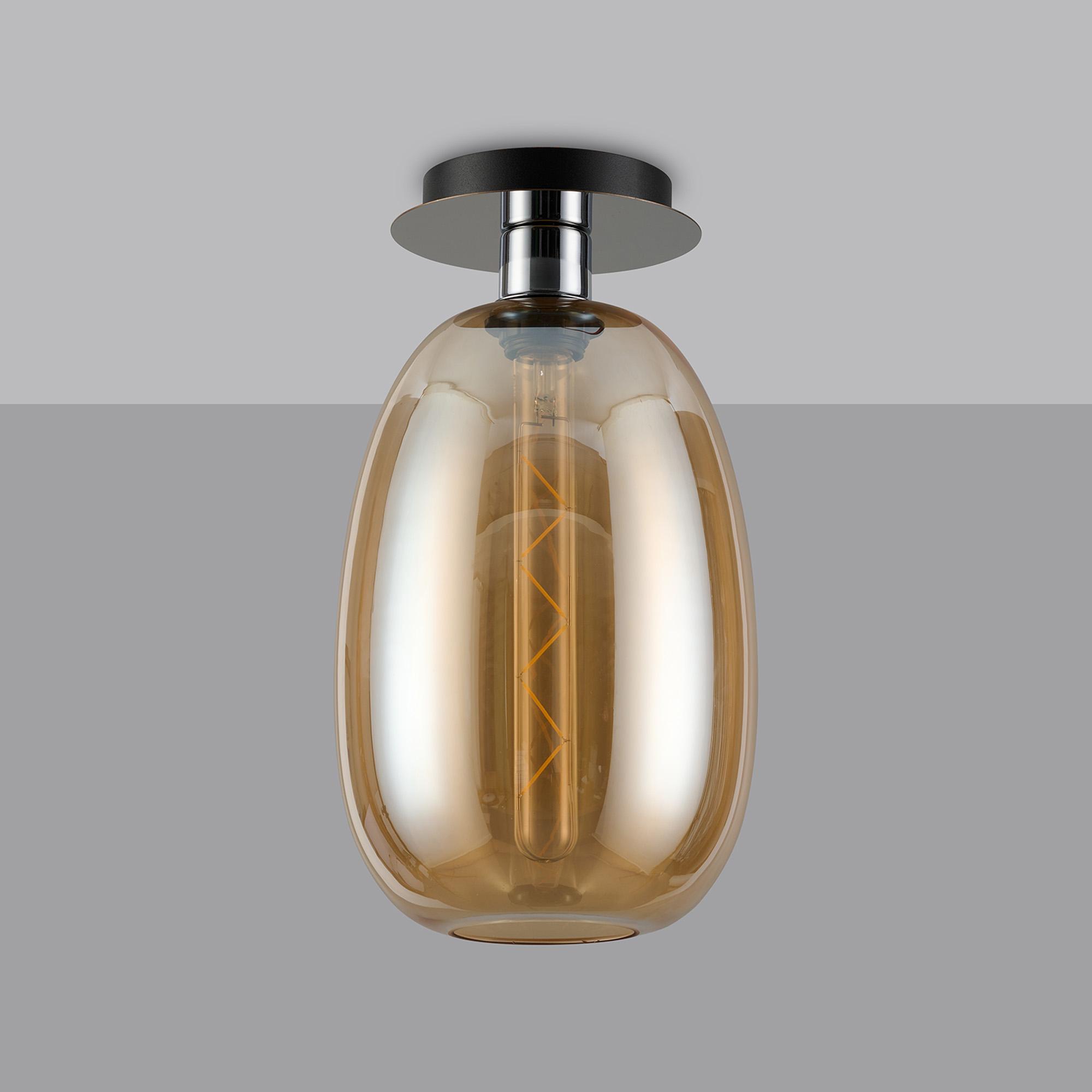 Lori 15cm Round Ceiling Flush, 1 Light Flush Fitting E27, Polished Chrome/Amber Slim Curved Trapezium Shades