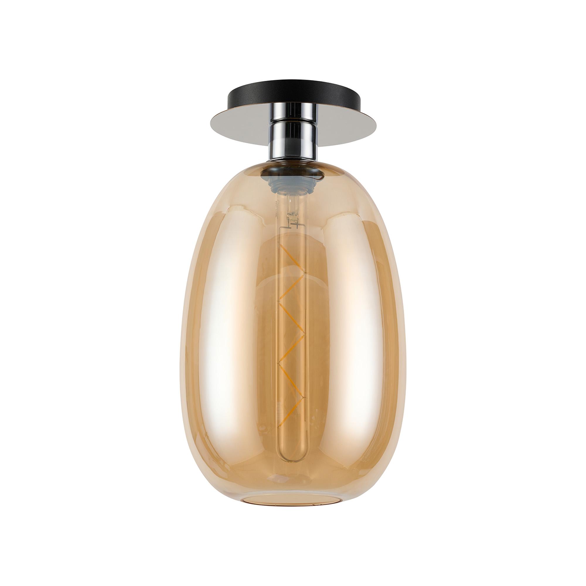 Lori 15cm Round Ceiling Flush, 1 Light Flush Fitting E27, Polished Chrome/Amber Slim Curved Trapezium Shades