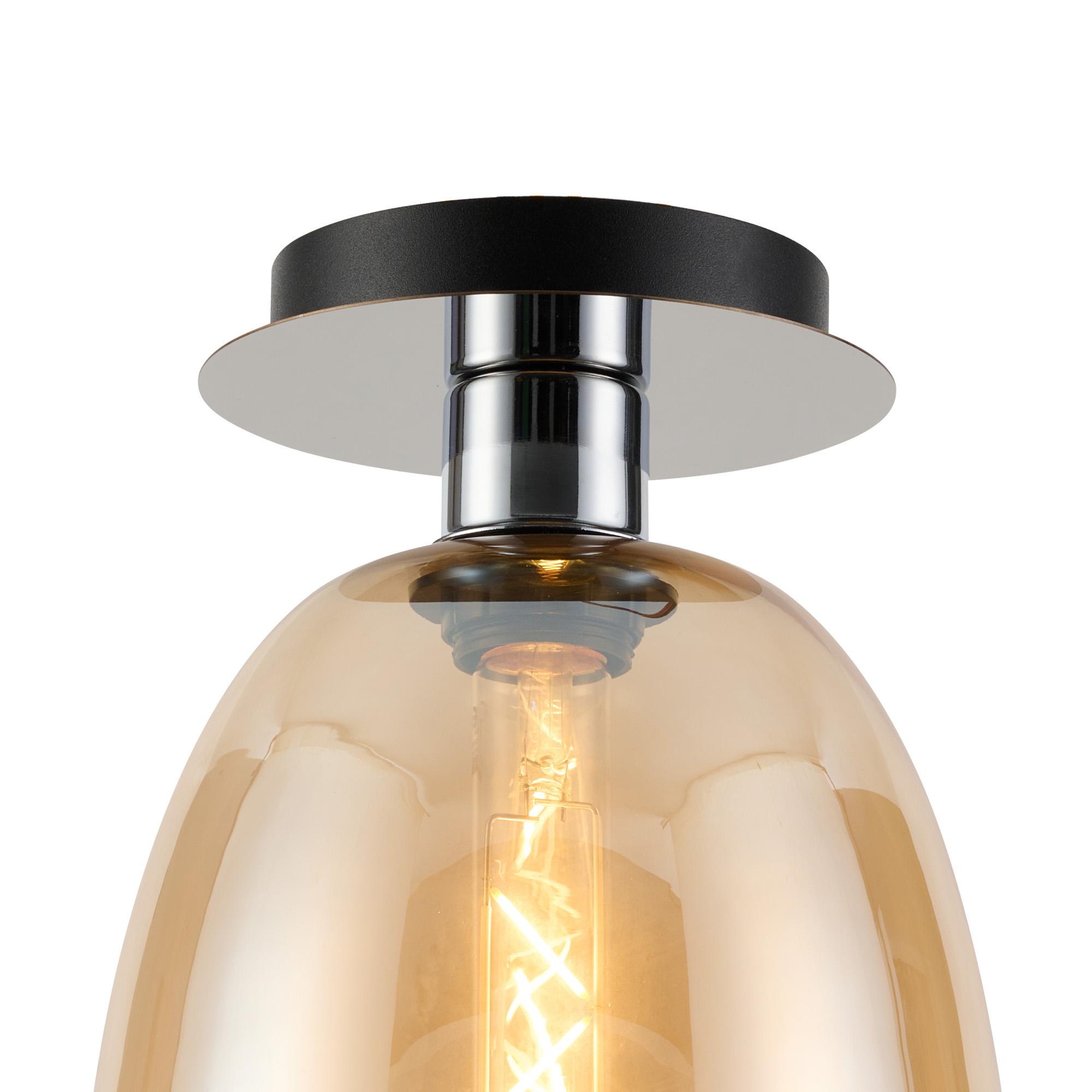 Lori 15cm Round Ceiling Flush, 1 Light Flush Fitting E27, Polished Chrome/Amber Slim Curved Trapezium Shades