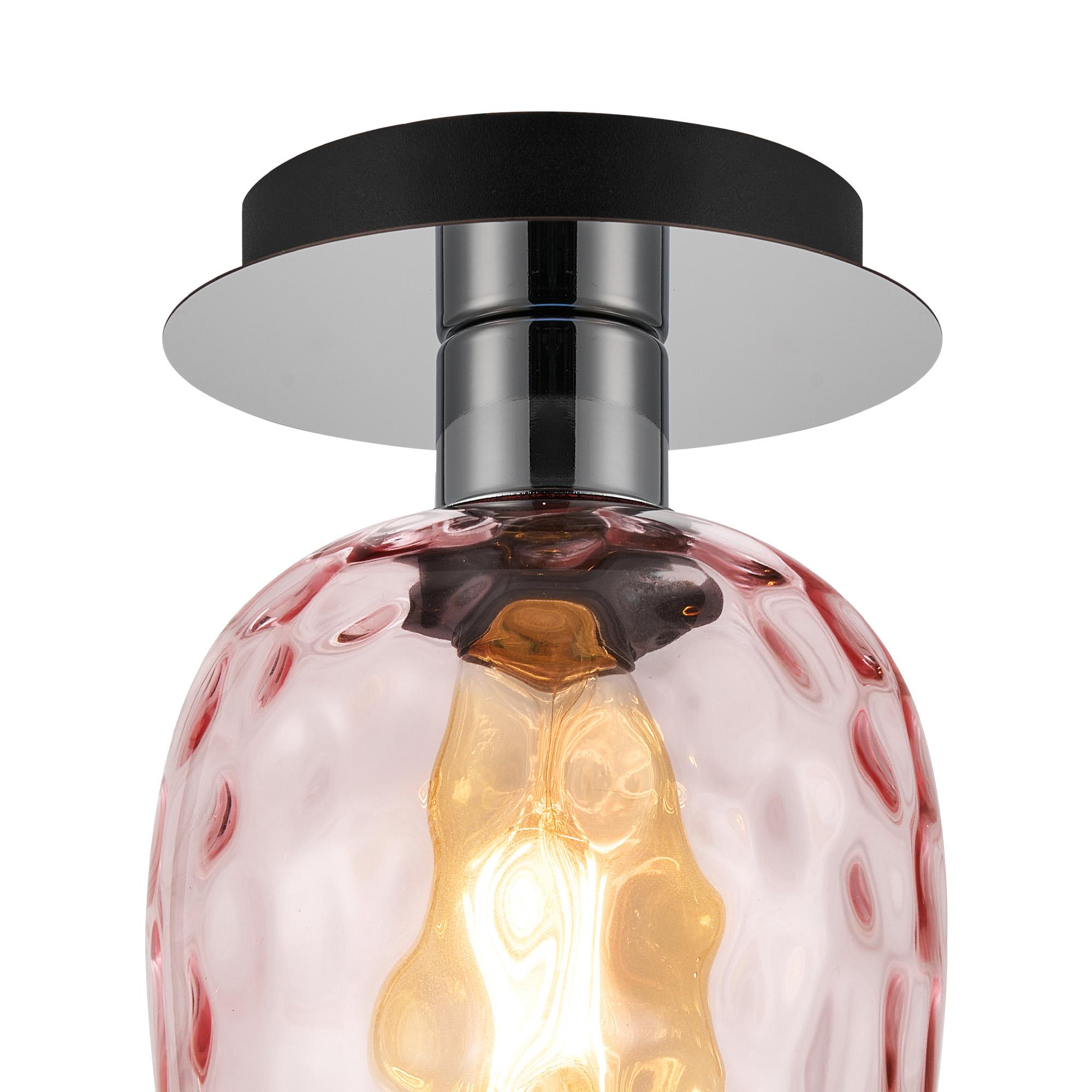 Lori 15cm Round Ceiling Flush, 1 Light Flush Fitting E27, Polished Chrome/Pink Ripple Wine Shades