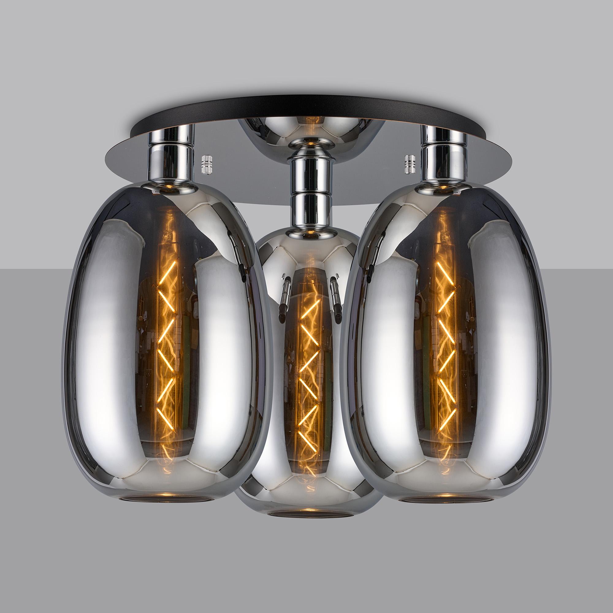 Lori 40cm Round Ceiling Flush, 3 Light Flush Fitting, Polished Chrome/Chrome Slim Curved Trapezium Shades