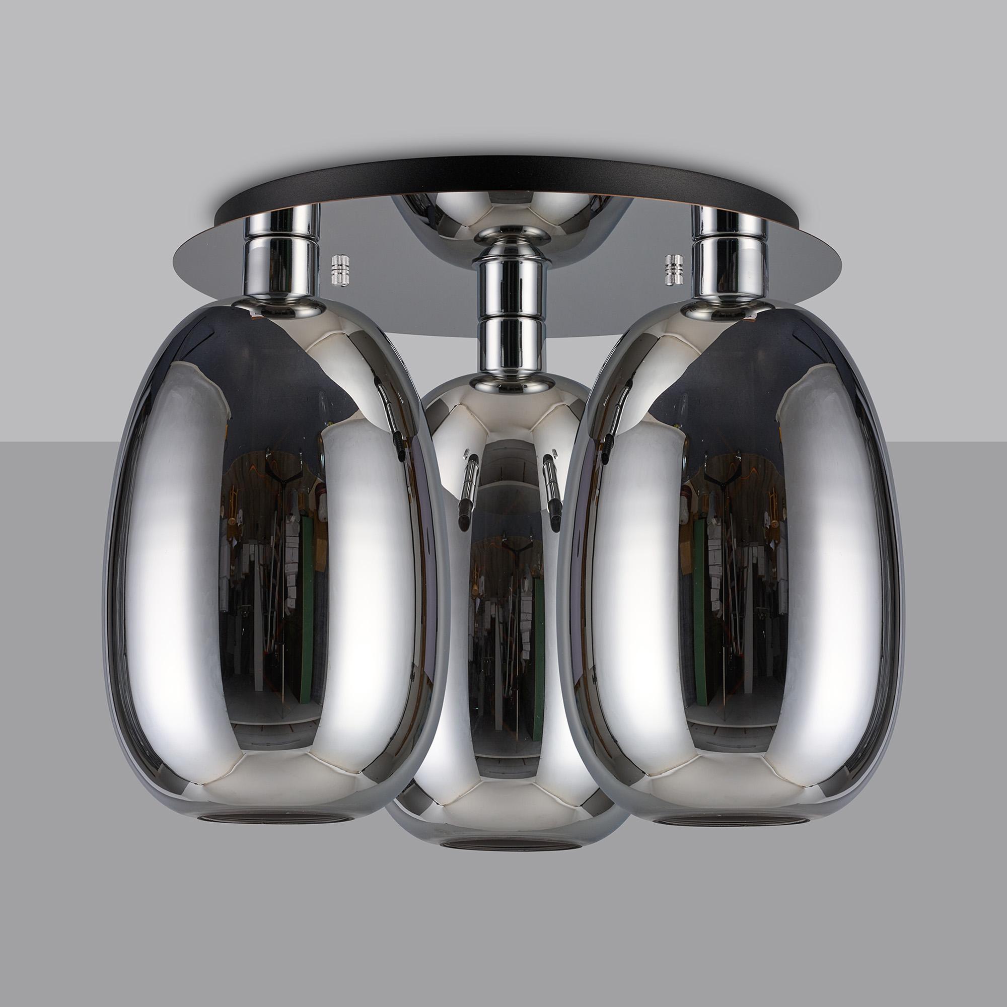 Lori 40cm Round Ceiling Flush, 3 Light Flush Fitting, Polished Chrome/Chrome Slim Curved Trapezium Shades