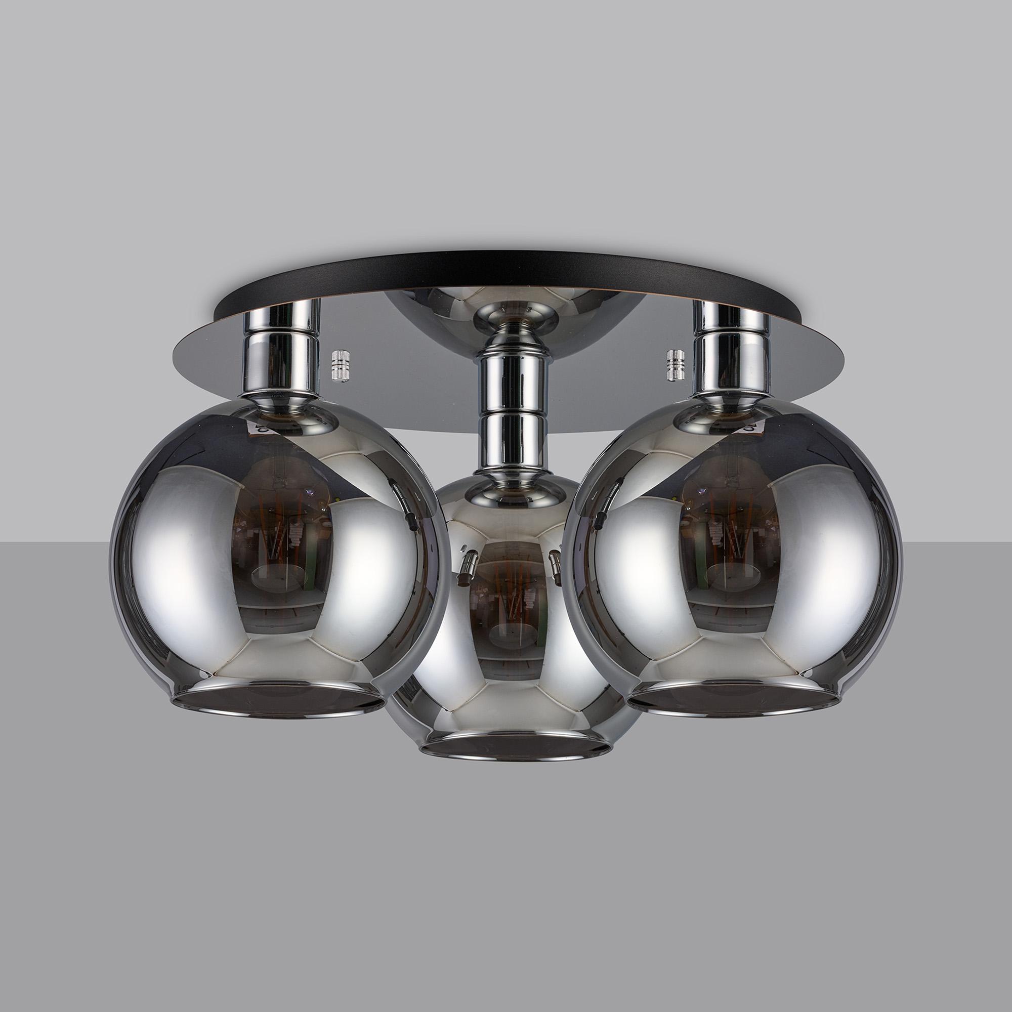 Lori 40cm Round Ceiling Flush, 3 Light Flush Fitting, Polished Chrome/Chrome Open Mouth Round Globe Shades