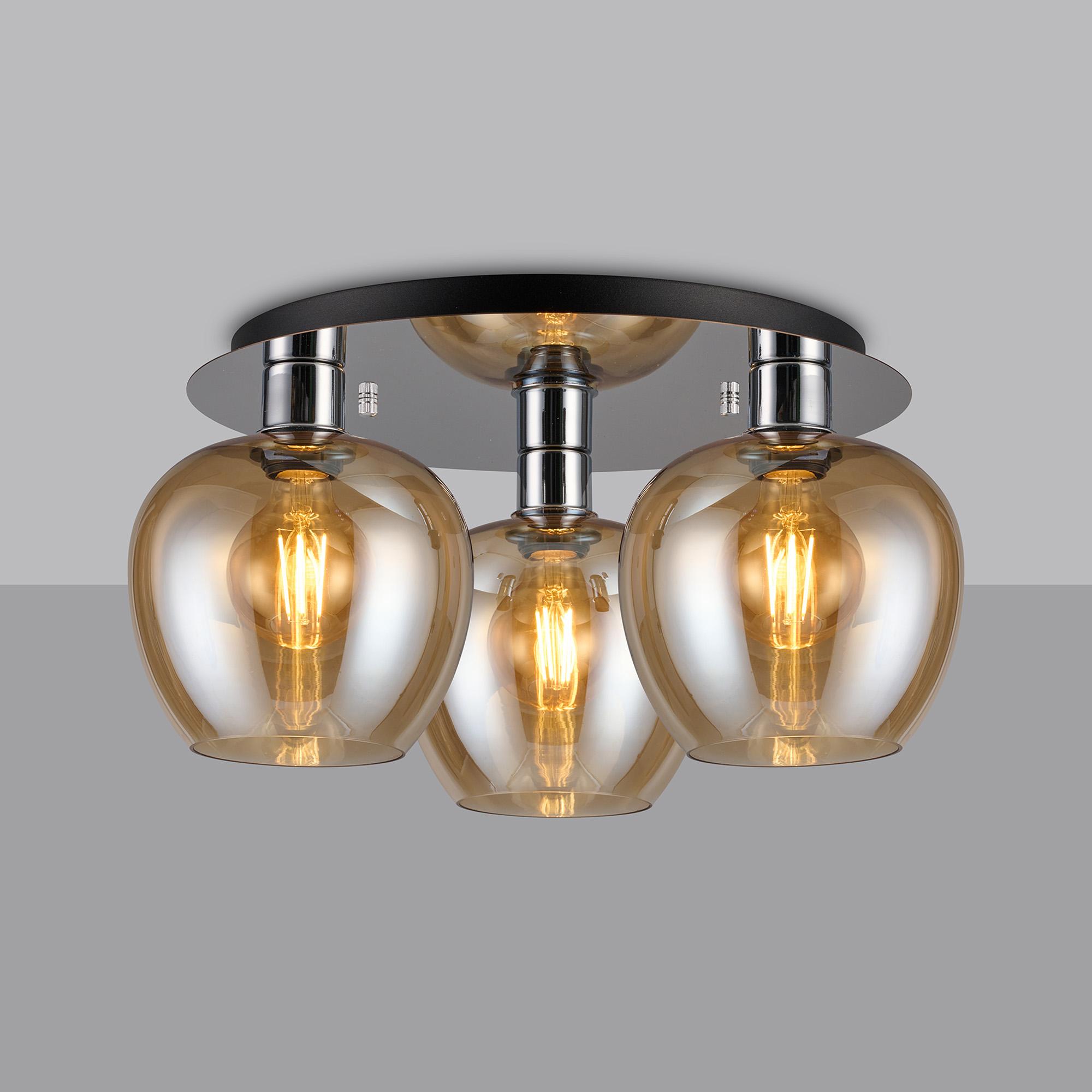 Lori 40cm Round Ceiling Flush, 3 Light Flush Fitting, Polished Chrome/Amber Wine Shades